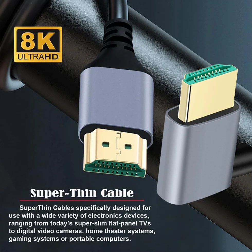 Ultra cienki kabel HDTV HDMI 2.1 8K 4K Hyper super elastyczny wąski przewód kątowy 90 stopni typ A męski na męski do komputera HDTV 50 cm, NF-HD-028-RI-0.5M