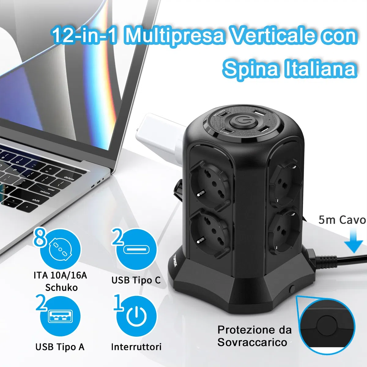 TOPREK Pionowe gniazdo wtykowe z 8 uniwersalnymi gniazdami ITA 10/16A i Schuko i 2 USB C i 2 USB A (1 20 W PD3.0 Szybkie ładowanie), kabel 5 m, 4000 W/16 A, listwa zasilająca z przełącznikiem, wtyczka