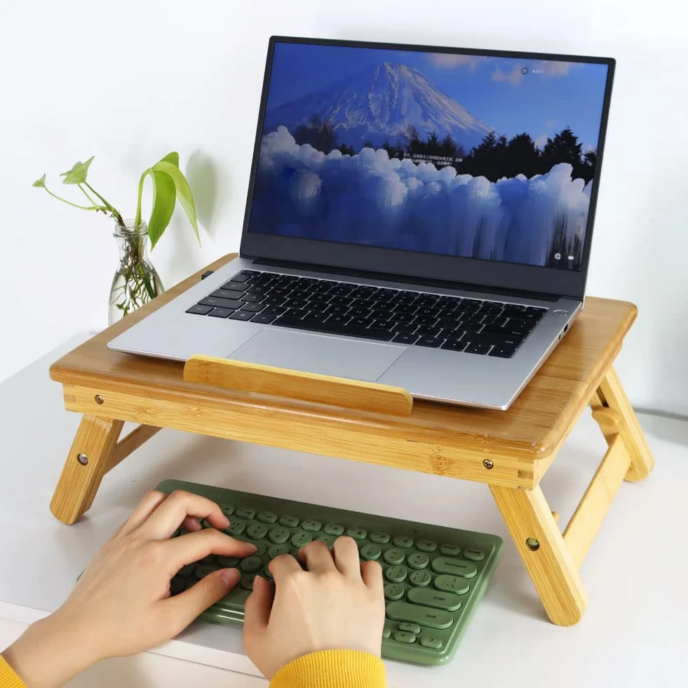 WKWKER Bambusowe biurko na laptopa składane regulowane stojak naturalny