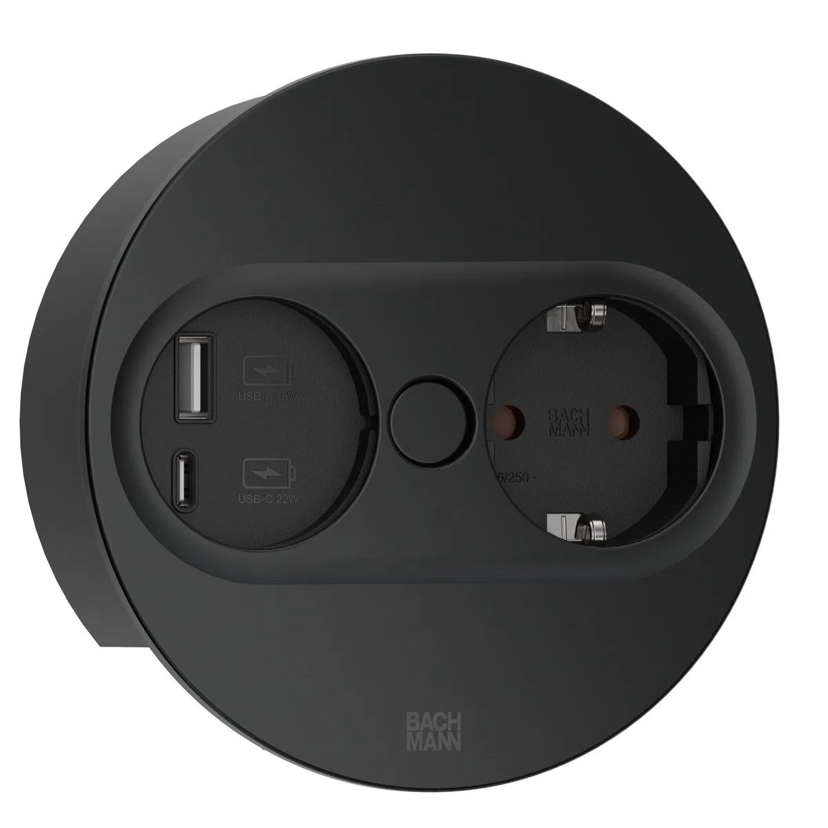 BACHMANN Gniazdko do zabudowy Twist 2, okrągłe, 1 x gniazdko z USB A i USB C, 2 m, do kuchni i biura, czarne, 946.104 (z automatycznym otwieraniem i powłoką zapobiegającą pozostawianiu odcisków palców