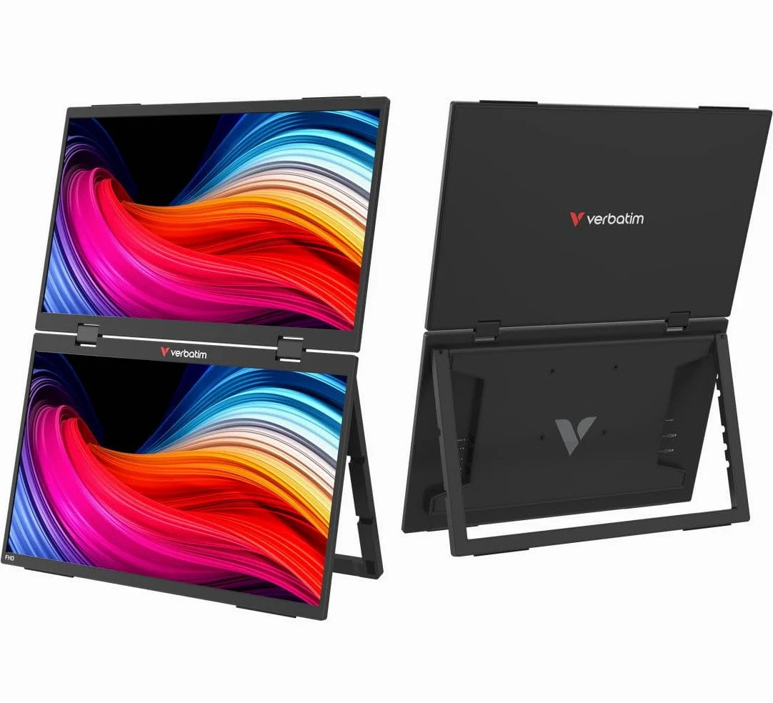 Verbatim PMT-15, podwójny przenośny monitor z dwoma ekranami 15,6", mobilny ekran Full HD z tworzywa sztucznego do laptopa, tabletu, smartfona, PS5, Nintendo Switch z 2 x USB-C i złączem HDMI