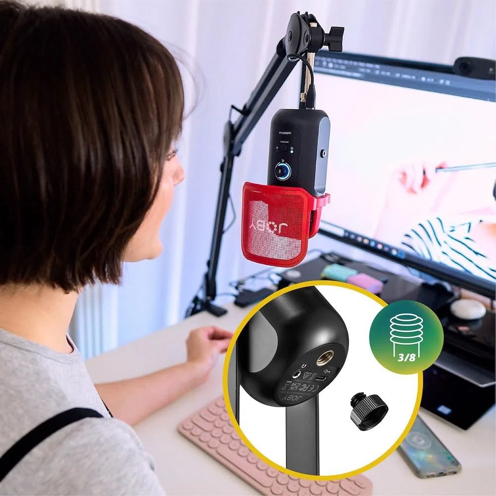 JOBY Wavo POD Mikrofon pojemnościowy z połączeniem USB, mikrofonem do przesyłania strumieniowego, podcastu, wywiadu, wyciszenia i wzmocnienia przez Micro USB, możliwość powrotu przez słuchawki,