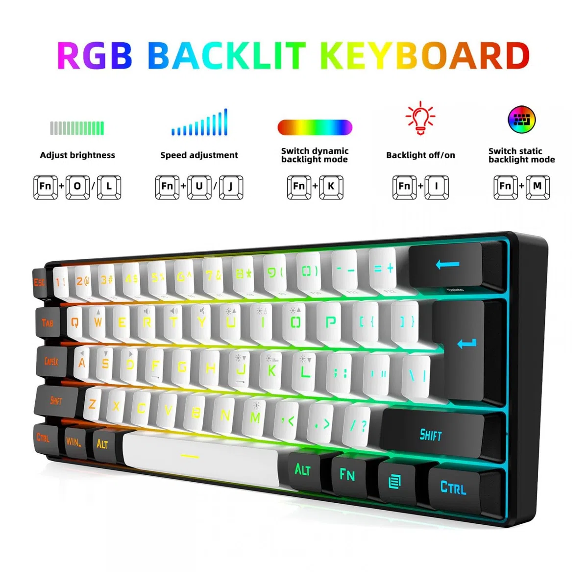Mechaniczna klawiatura do gier, 61 klawiszy, 60% kompaktowa klawiatura do gier z 7-kolorowym podświetleniem RGB, przewodowa klawiatura USB do laptopa stacjonarnego i podróżna (czarno-biała) (biał