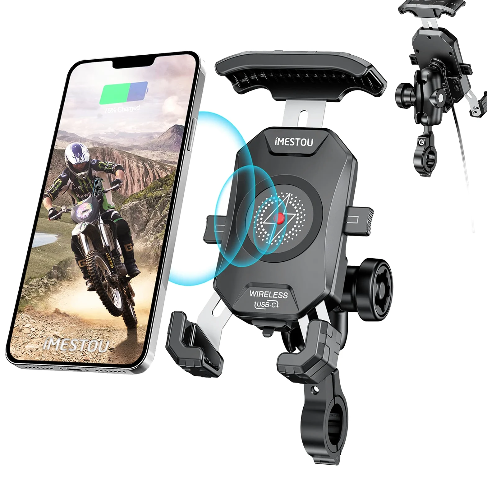 iMESTOU Antykradzieżowy bezprzewodowy uchwyt z ładowarką do telefonu na motocykl 15W i USB C 3A na kierownicę z trzpieniem kulowym 1" - uchwyt na telefon współpracujący z gniazdem pojazdu/USB 12V/24V