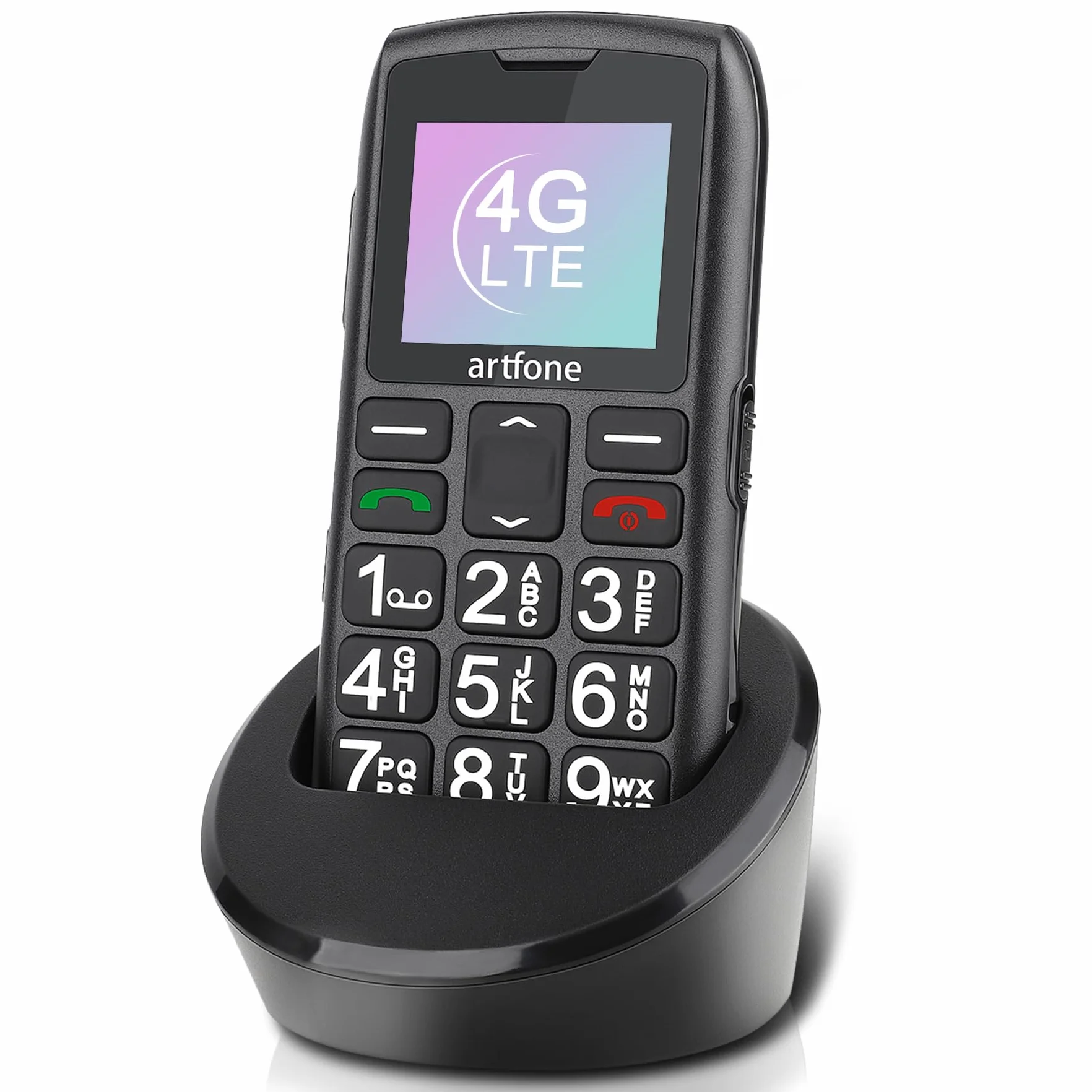 artfone Starszy telefon komórkowy z dużymi przyciskami, LTE telefony dla osób starszych, funkcja SOS, wysoka głośność, bateria 1400 mAh, podstawa ładująca z USB C1 4G, czarny