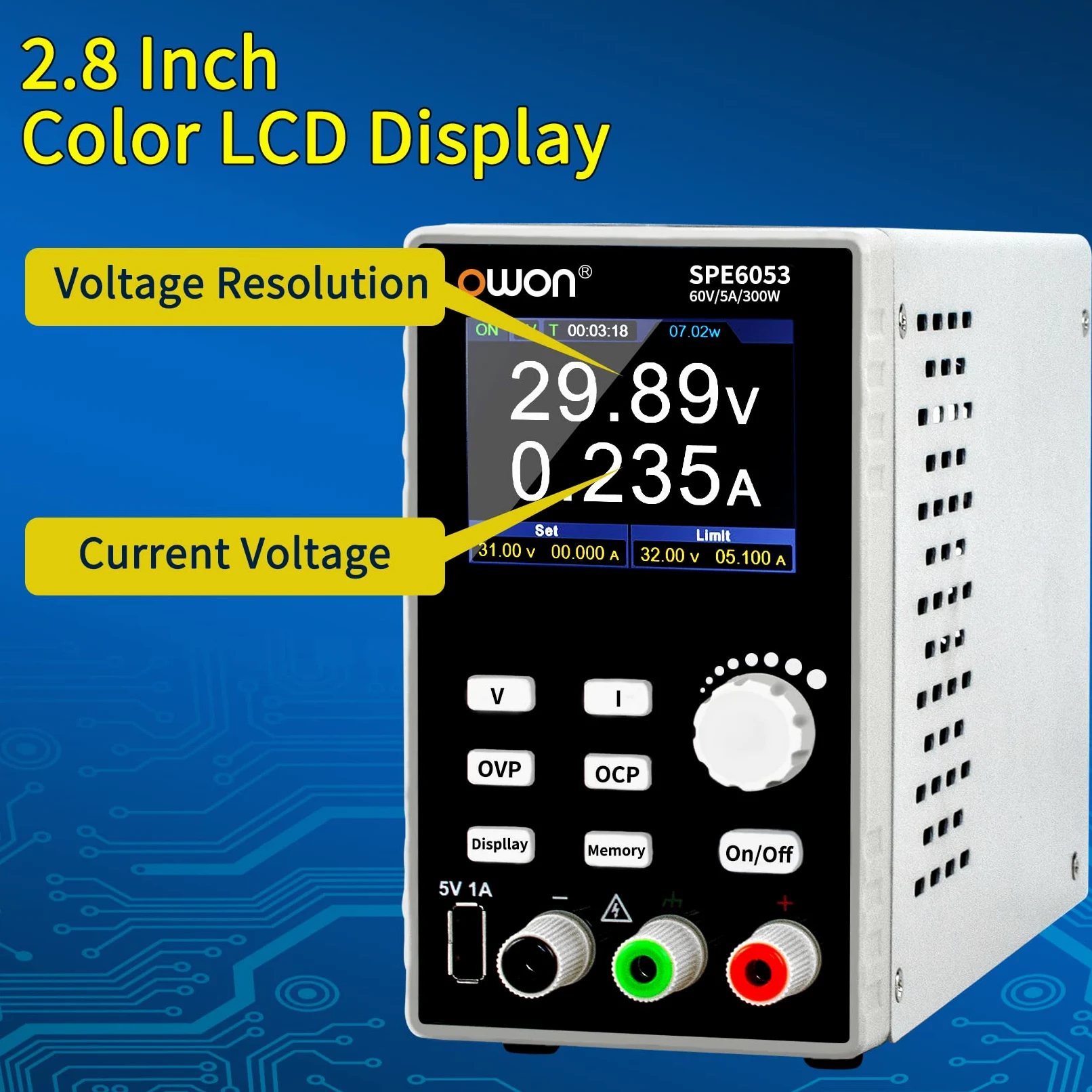OWON 6053 Zasilacz DC, 300 W, 60 V/5 A, wysoka rozdzielczość przy 10 mV/1 mA, przenośny zasilacz stołowy z TFT LCD, jednokanałowy zasilacz przełączający do testowania, naprawy i badań elektronicznych