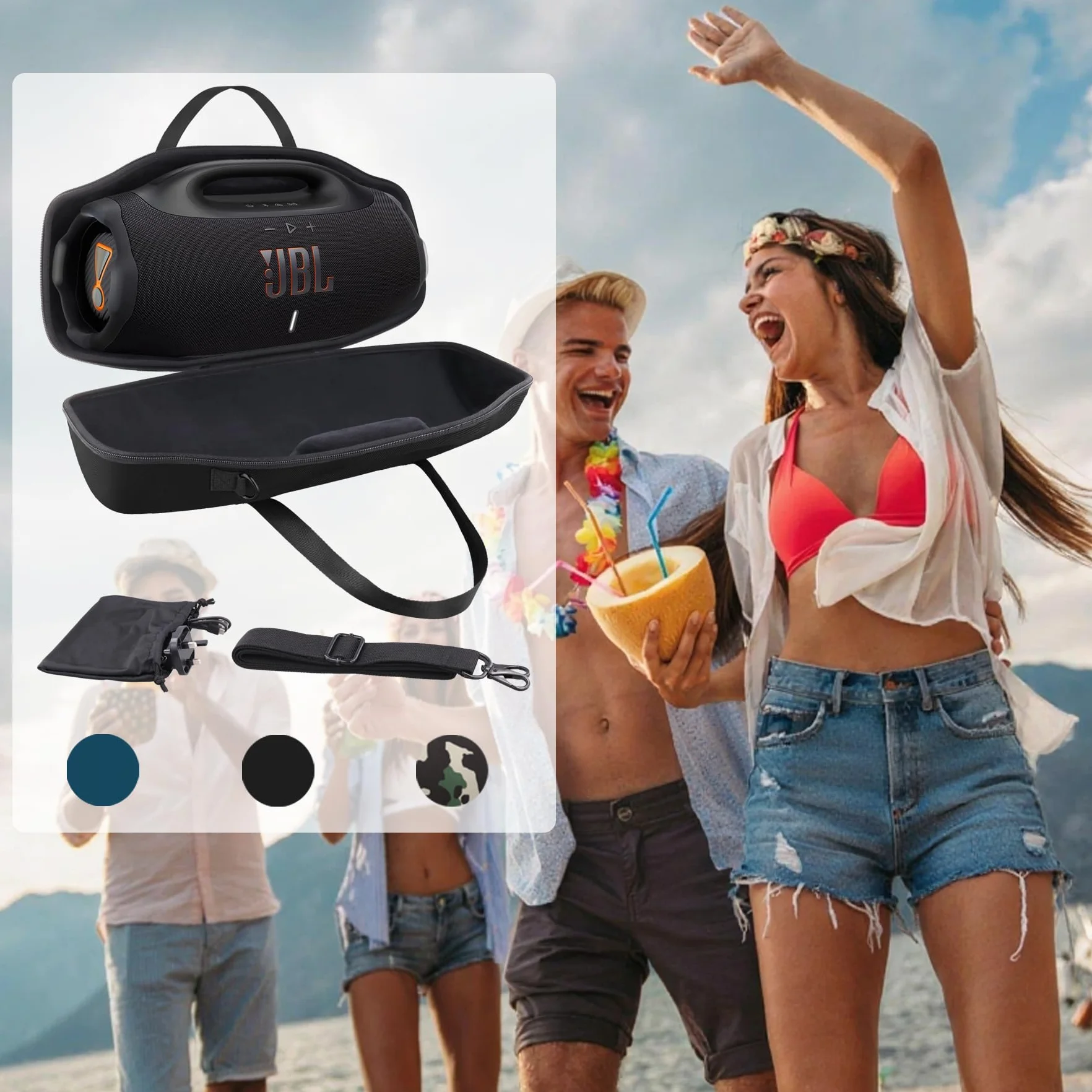 co2CREA Twarde etui podróżne z mini torbą na akcesoria i paskiem na ramię do głośnika Bluetooth JBL Boombox 3 WiFi/Boombox 2, Czarny, Fits JBL Boombox 4