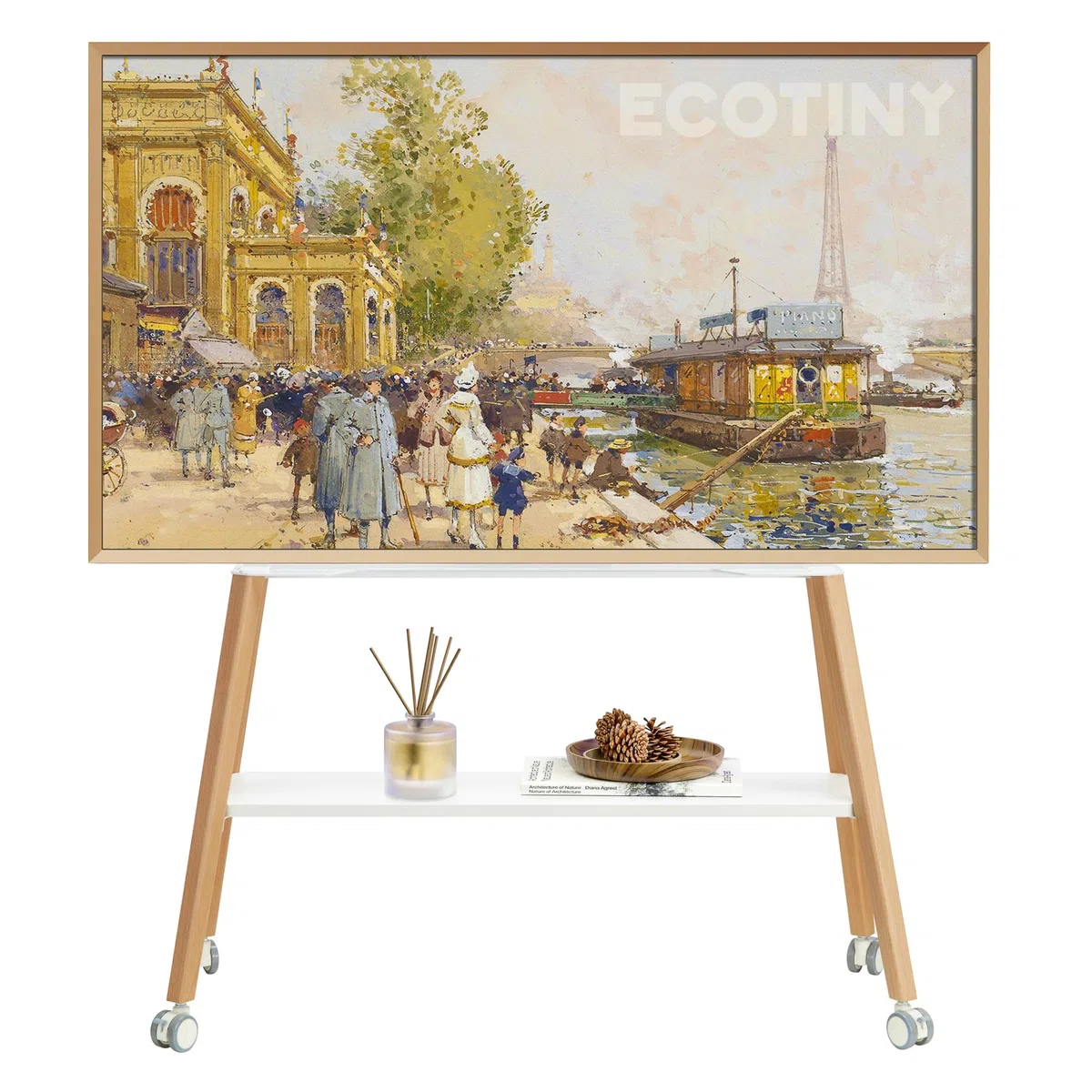 Easel Design z Stojak pod telewizor z kółkami, 49-75" do 40 kg | metalową strukturą i drewnianą półką, ruchomy stojak pod telewizor na kółkach do sklepu, biura, szkoły, domu, biały