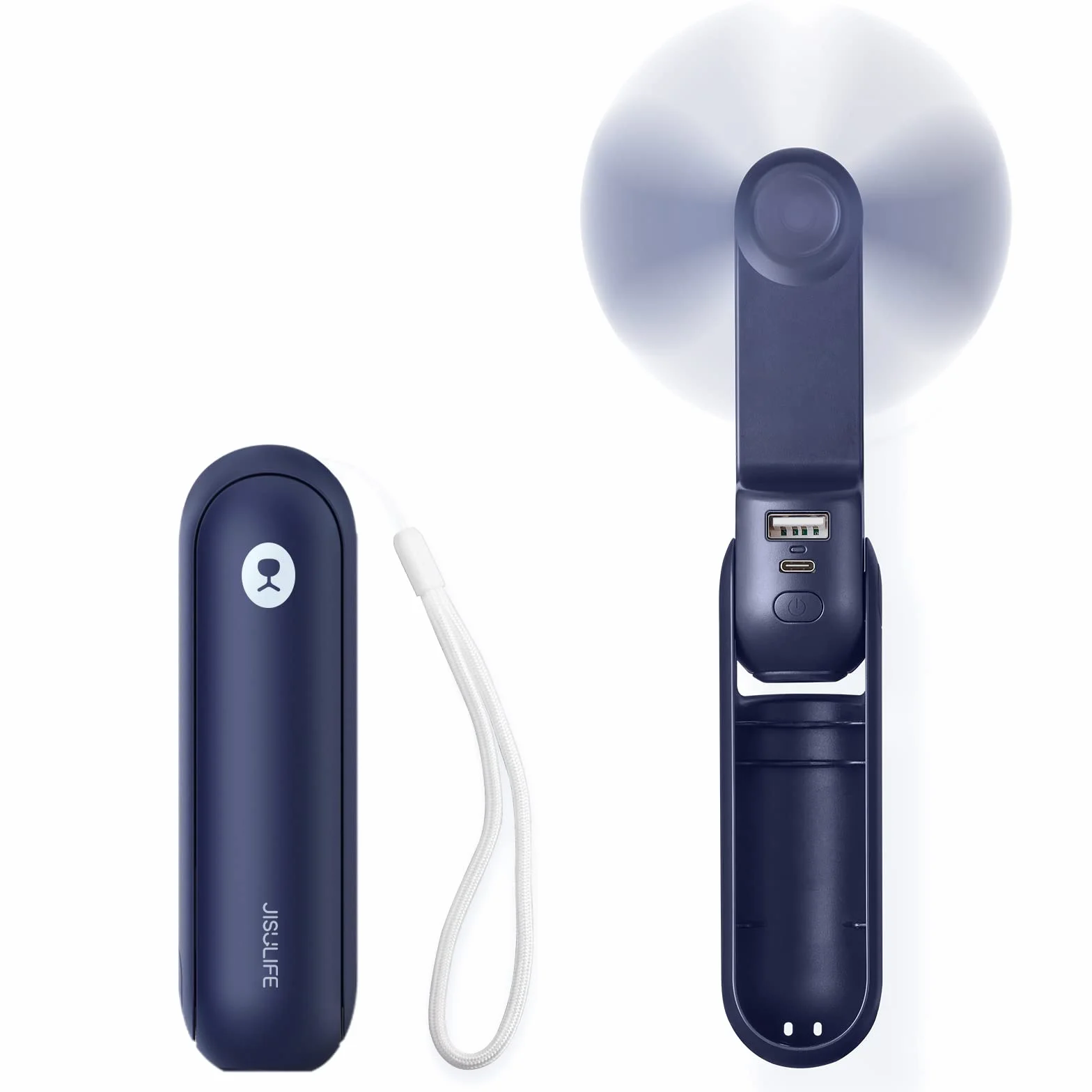 JISULIFE wentylator kieszonkowy, przenośny mini wentylator ręczny, zasilany bateriami USB [14-21 godzin], składany i cichy wentylator osobisty z zewnętrzną baterią, latarka - niebieski