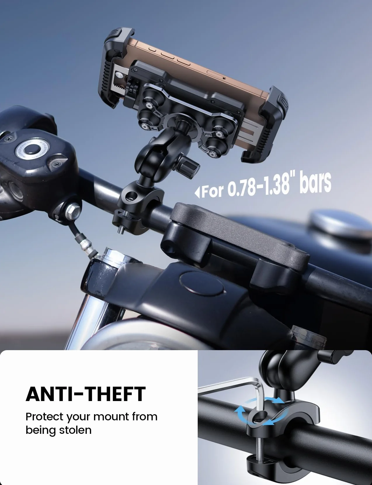 Lamicall Uchwyt na telefon motocyklowy antykradzieżowy podwójna antywstrząsowa regulowanym ramieniem niebieski 4,7-6,7"