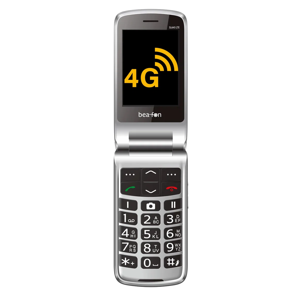 Beafon, SL645, LTE 4G, Silverline, telefon komórkowy dla seniorów z przyciskiem alarmowym SOS, telefon składany, wyświetlacz XXL 2,8" (7,11 cm), kolorowy wyświetlacz zewnętrzny XXL 4,49 cm (4,49 cm