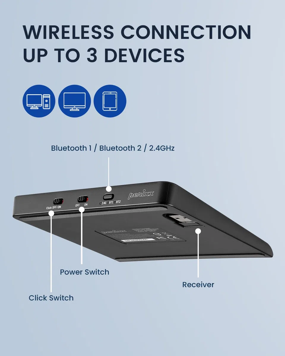 Perixx PERIPAD-706 Touchpad USB Slim Wireless - Połączenie z maksymalnie 3 urządzeniami obsługującymi Bluetooth lub 2,4 GHz - Ładowalny kabel USB-C - Duży rozmiar 13,5 x 11,6 x 1,4 cm - czarny
