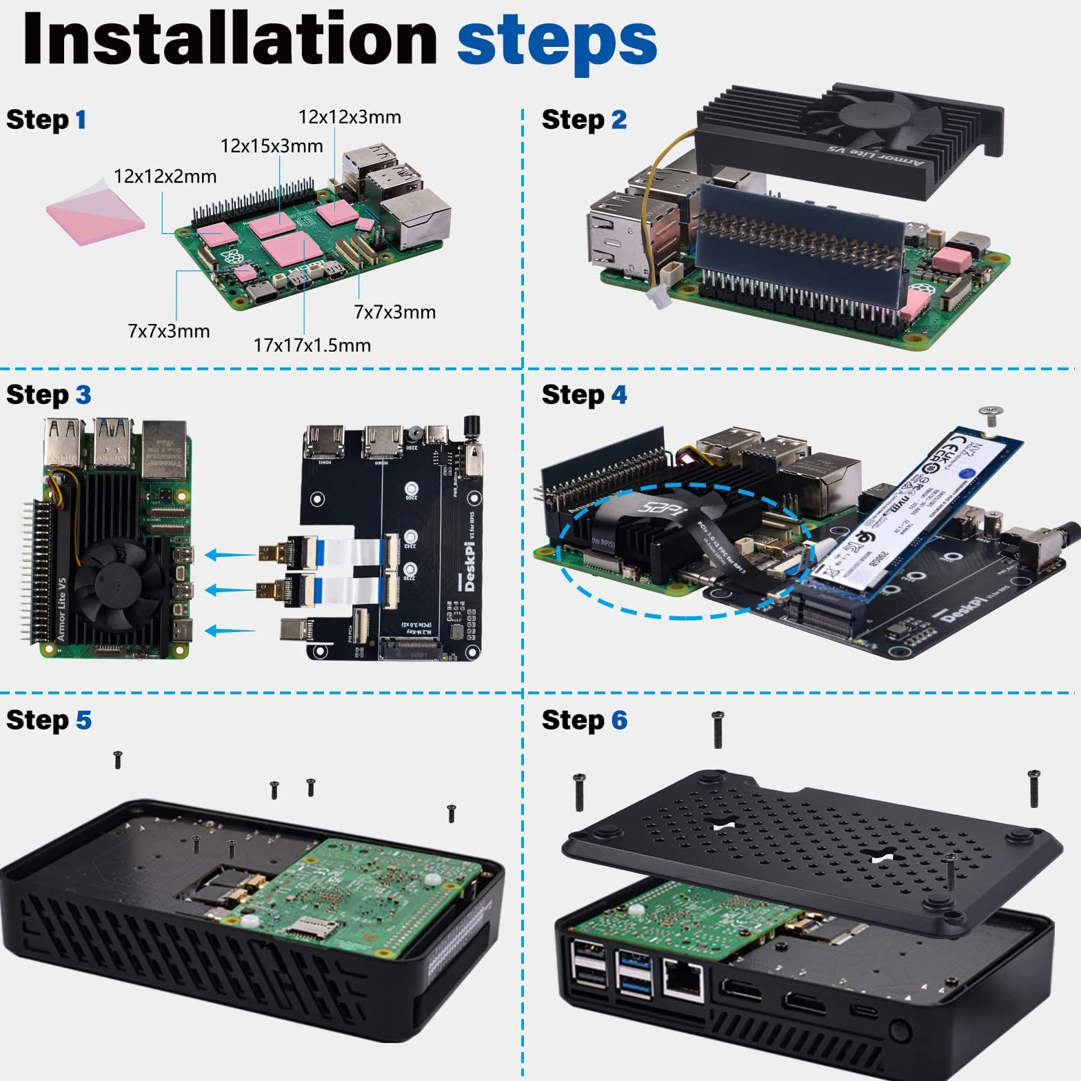 GeeekPi DeskPi Lite Pi5 Obudowa z przyciskiem zasilania, PCIe na M.2 HAT, aktywnym chłodzeniem i podwójnym HDMI w pełnym rozmiarze dla Raspberry Pi 5, obsługuje dyski M.2 NVMe M-Key 2230/2242/2260