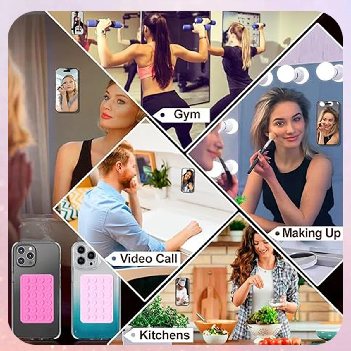 Silikonowe etui na telefon z przyssawką, bez użycia rąk Fidget Toy Mirror Shower uchwyt na telefon, filmy Tiktok i selfie (czarny, różowy)
