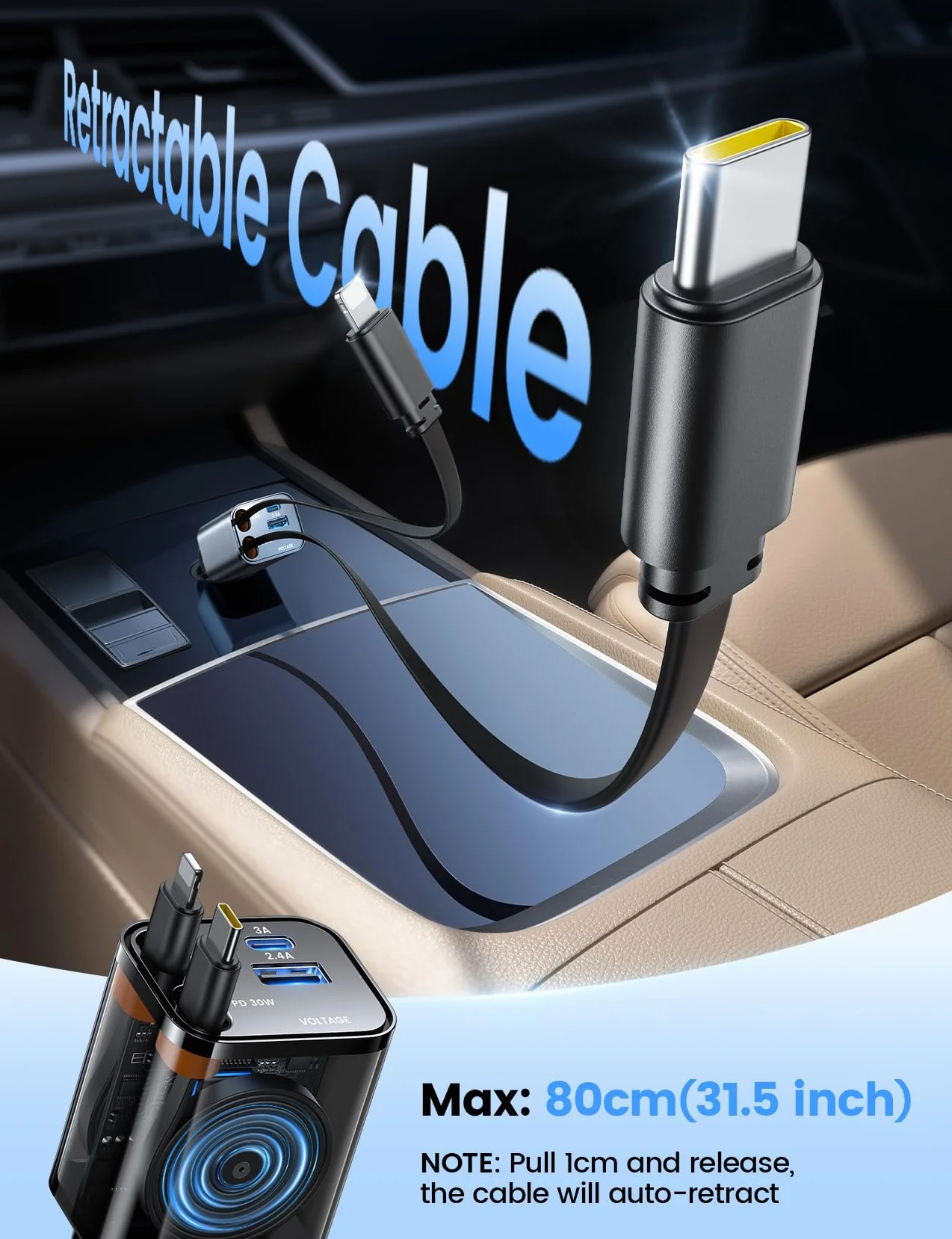 Lamicall 4 w 1 Ładowarka USB 69 W do Zapalniczki Samochodowej z 2 Wysuwanymi Kablą