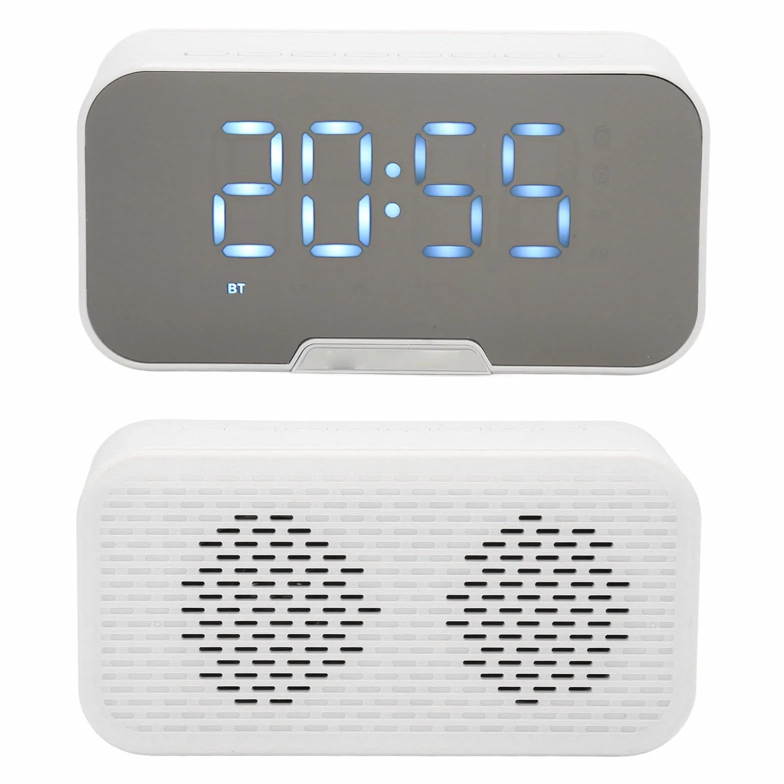 Głośnik Bluetooth z Cyfrowym Budzikiem, Wielofunkcyjny Głośnik z Lustrzanym Budzikiem i Radiem FM do Biura w Sypialni, Obsługa Radia FM z Wyświetlaczem Temperatury (Biały)