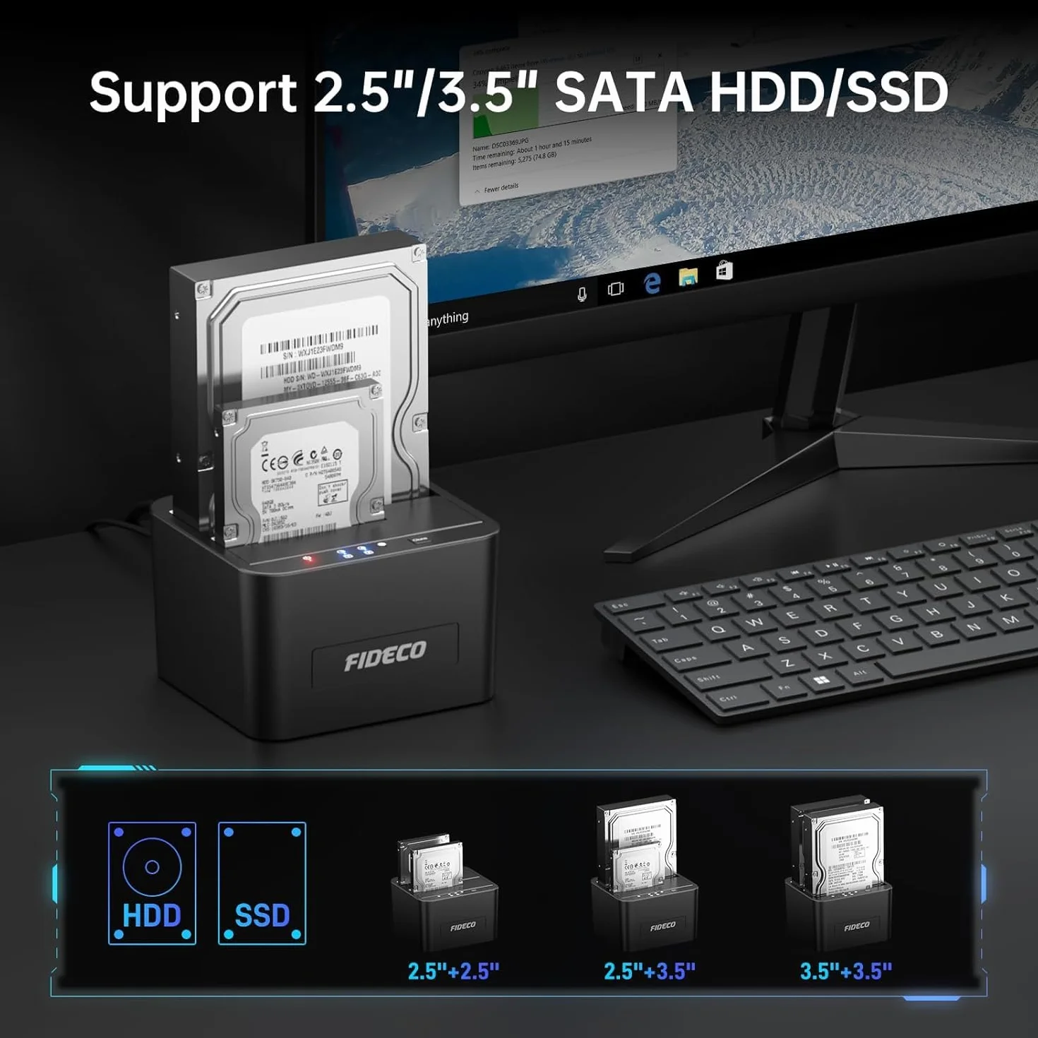 Fideco Stacja dokująca do dysków twardych, stacja dokująca USB 3.0, SATA, HDD dla 2,5 i 3,5-calowych dysków twardych SATA / SSD, podwójna zatoka, obsługuje klonowanie offline i UASP