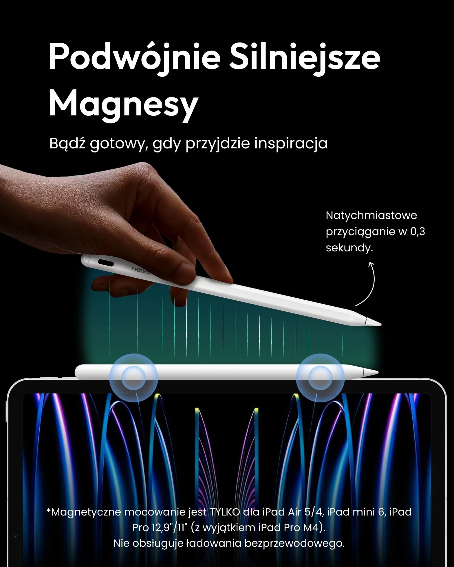 Metapen Stylus A8 Kompatybilny z iPad 2018-2026,2X Szybsze ładowanie,Odrzucanie dłoni, Rysik do iPada 11 A16/10/9/8/7/6,Air 5/4/3/M2/M3,M4 Pro 12,9 cala/11 cali/13 cali M4,M5 Mini 6/5