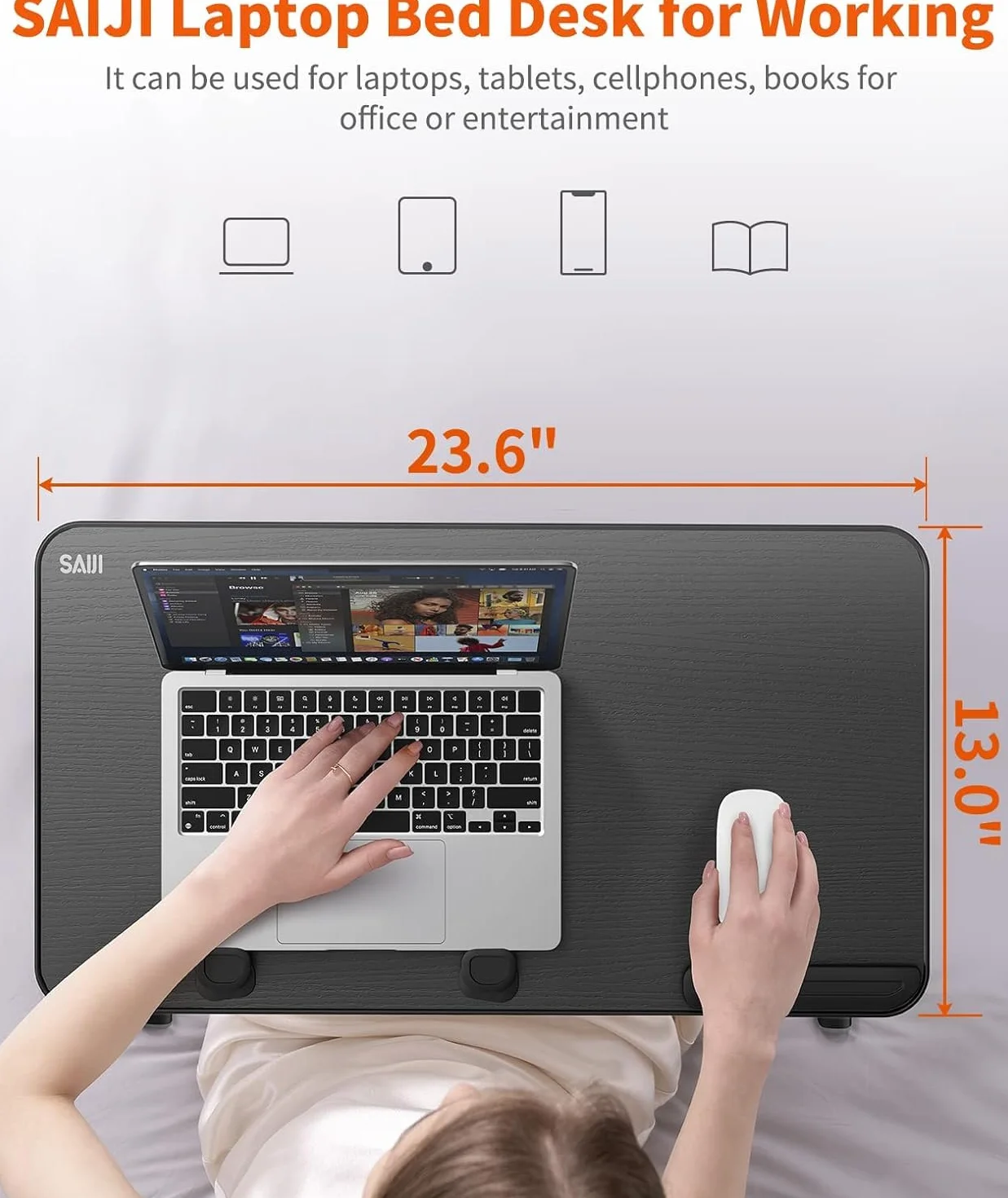 SAIJI regulowany stojak na laptopa 5 wysokości 4 kąty składany stół na łóżko 60 x 33 cm do 17 cali