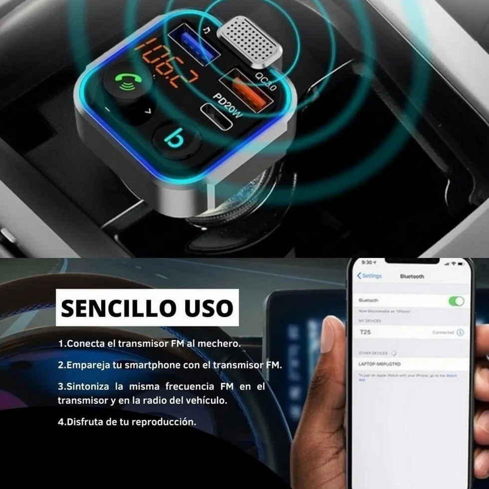 NK Bluetooth 5.0 samochodowy nadajnik FM – 3 porty ładowania: x 2 USB QC3.0 + x1 PD 3.0 typ C 20 W, funkcja głośnomówiąca, redukcja szumów, szybkie ładowanie, przycisk B: Hi-Fi głęboki bas (głośnik)
