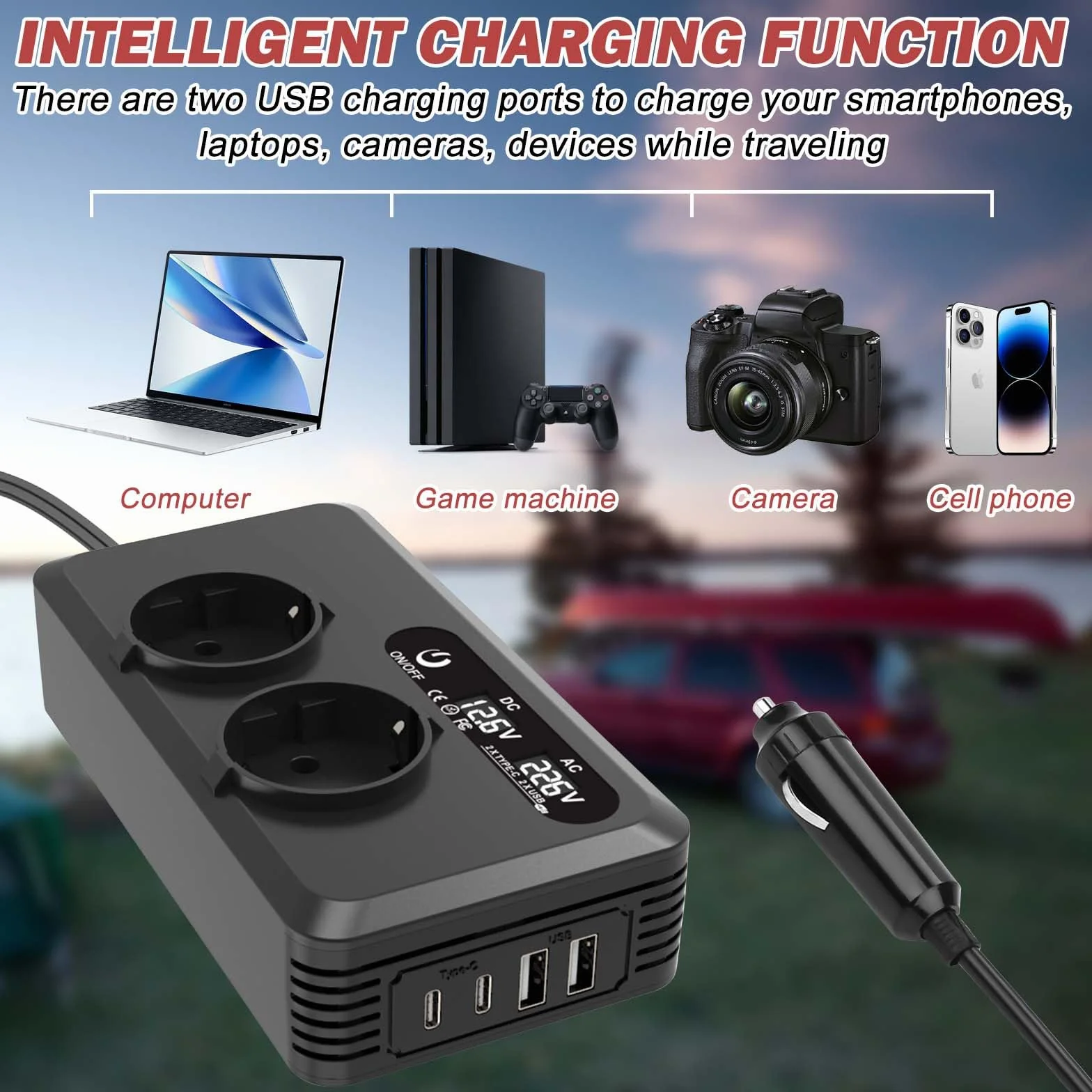Samochodowa przetwornica napięcia 200 W, falownik 12 V na 220 V z 2 gniazdami ładującymi, 2 portami USB i 2 typami C, adapter do gniazda zapalniczki samochodowej, do telefonów komórkowych, laptopów