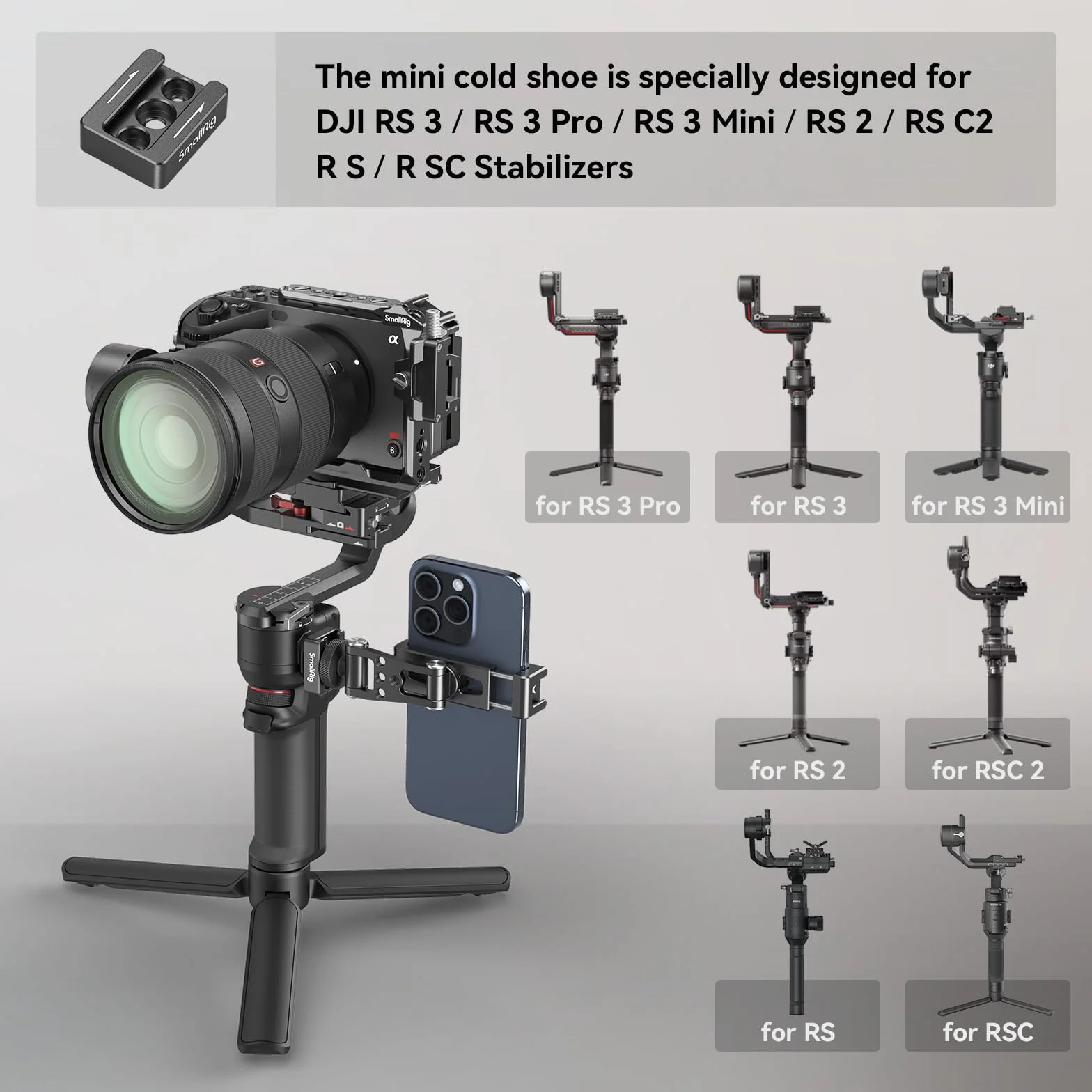 SMALLRIG Uniwersalny Statyw do Telefonu, Metalowy Uchwyt do Telefonu Komórkowego z Mocowaniem Zimnej Stopki dla DJI Stabilizatorów, Adapter do Mocowania Telefonu z Bezpłatną Regulacją dla iPhone -4301