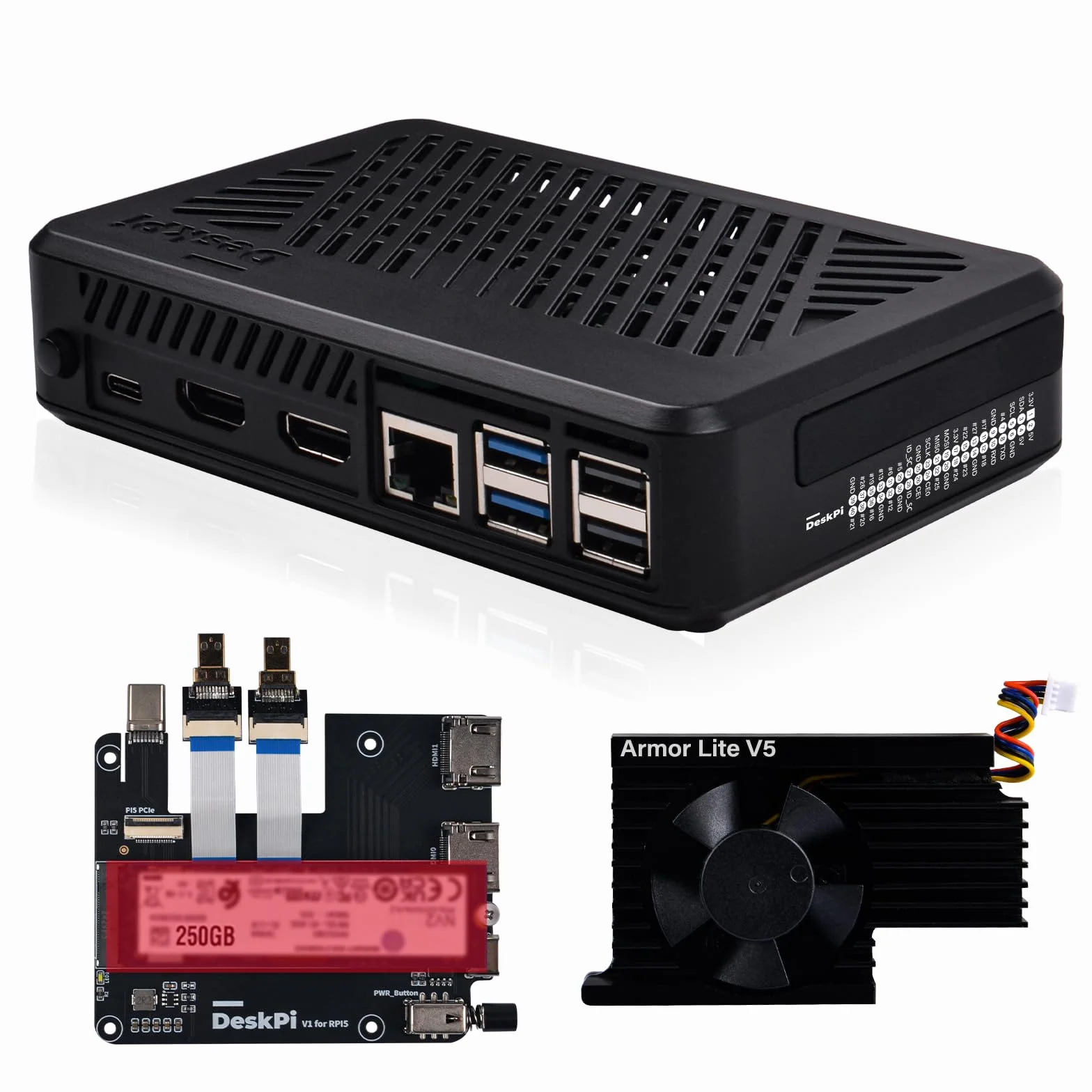 GeeekPi DeskPi Lite Pi5 Obudowa z przyciskiem zasilania, PCIe na M.2 HAT, aktywnym chłodzeniem i podwójnym HDMI w pełnym rozmiarze dla Raspberry Pi 5, obsługuje dyski M.2 NVMe M-Key 2230/2242/2260