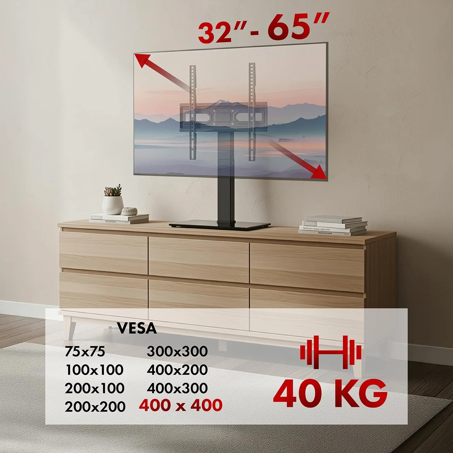 Uniwersalny stojak na telewizor Maclean, do szafki RTV, stojak, maks. 40 kg, maks. VESA 400 x 400, regulacja wysokości i kąta, do TV 32-65", MC-124
