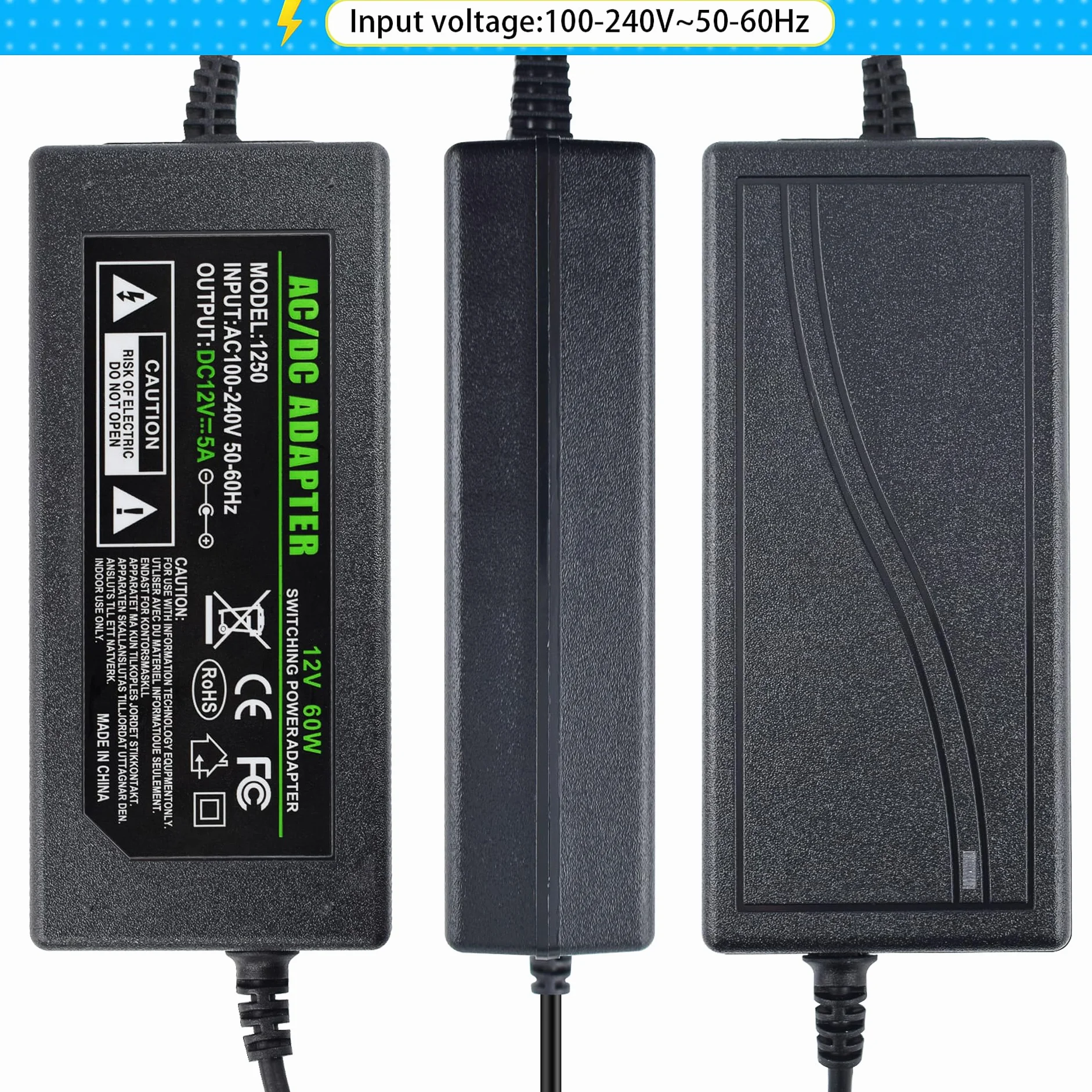 Zasilacz sieciowy 12 V, 5 A, 60 W, stabilny transformator ładowarki z zabezpieczeniem przed przeciążeniem/przegrzaniem, zasilacz 100-240 V AC do taśm LED, kamer monitorujących, odtwarzaczy DVD i