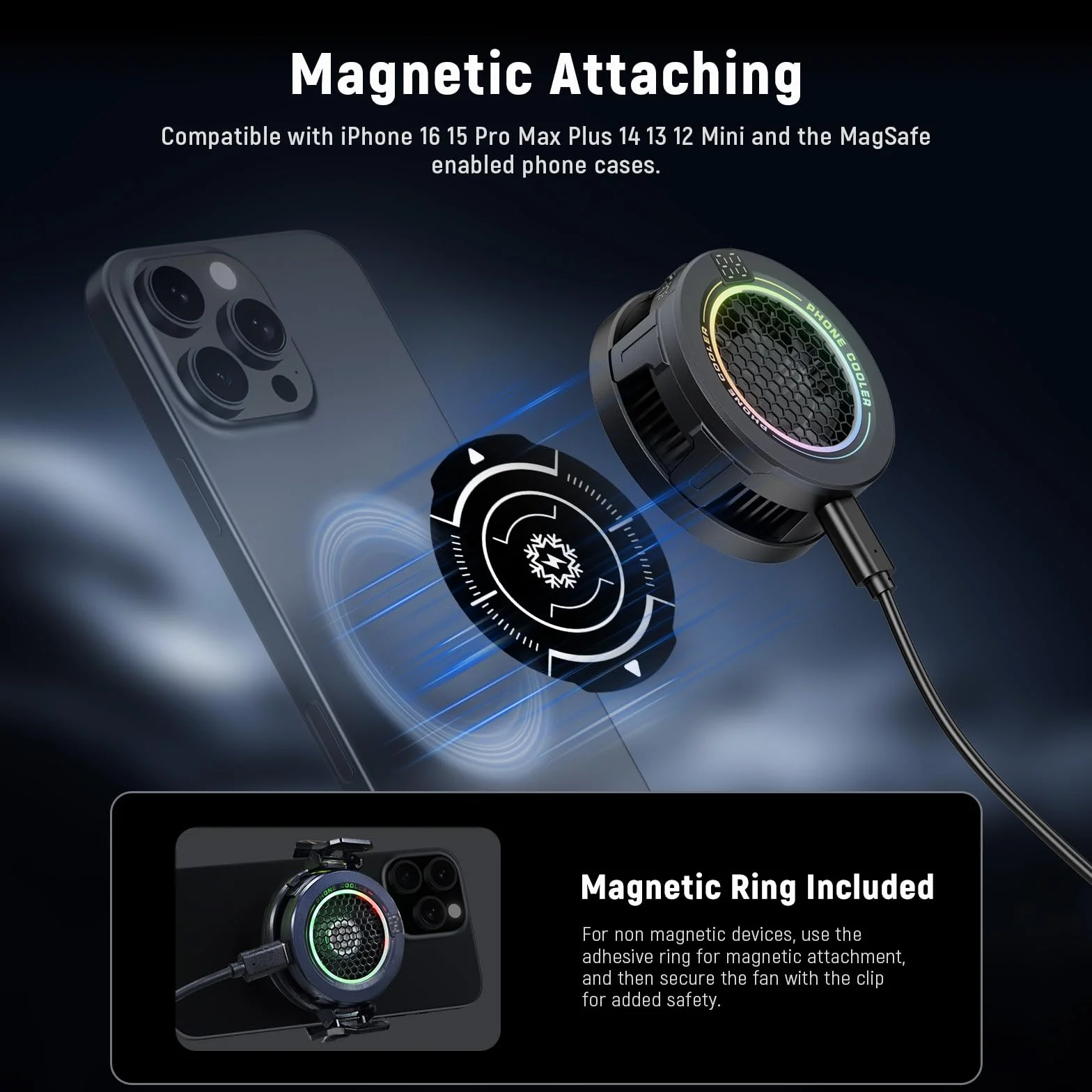 NEEWER Podstawowa chłodnica magnetyczna Telefon wentylator USB RGB inteligentna kontrola temperatury MagSafe iPhone 15 16 Pro Max