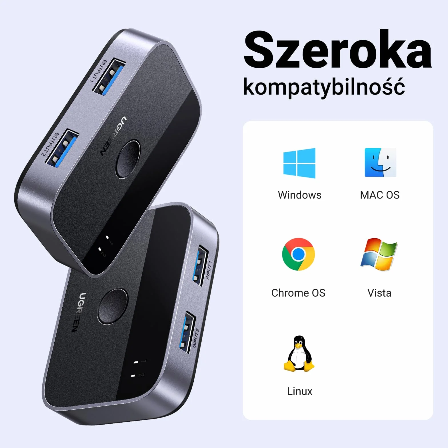 UGREEN Przełącznik USB, przełącznik USB 3.0, 2 w 2 wyjścia, 2 komputery współdzielą 2 USB do klawiatury, myszy, drukarki, dysków twardych z 2 kablami USB 3.0 A do A, kompatybilny z Windows, Mac, Linux