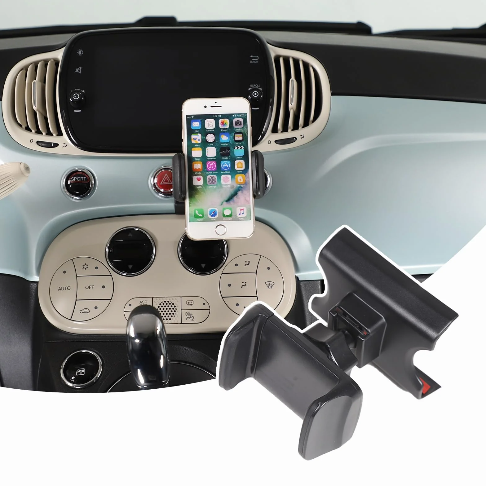 Samochodowy uchwyt na telefon komórkowy, kompatybilny z Fiat 500 2016-2024, konsola środkowa, uchwyt na telefon, obrót o 360°, stojak na telefon komórkowy, akcesoria samochodowe (Styl A)