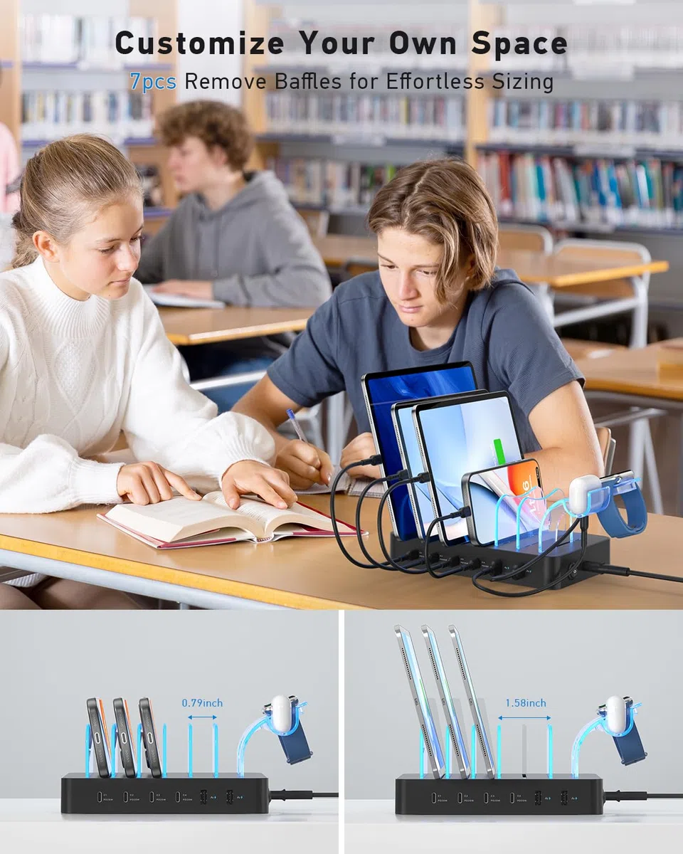 SooPii Stacja ładująca 90 W do wielu urządzeń, 6-portowa Multi USB C stacja ładująca z 6 mieszanymi krótkimi kablami, stacja ładująca PD 20 W do telefonów LPhone, Galaxy, iPad, tabletów i innych