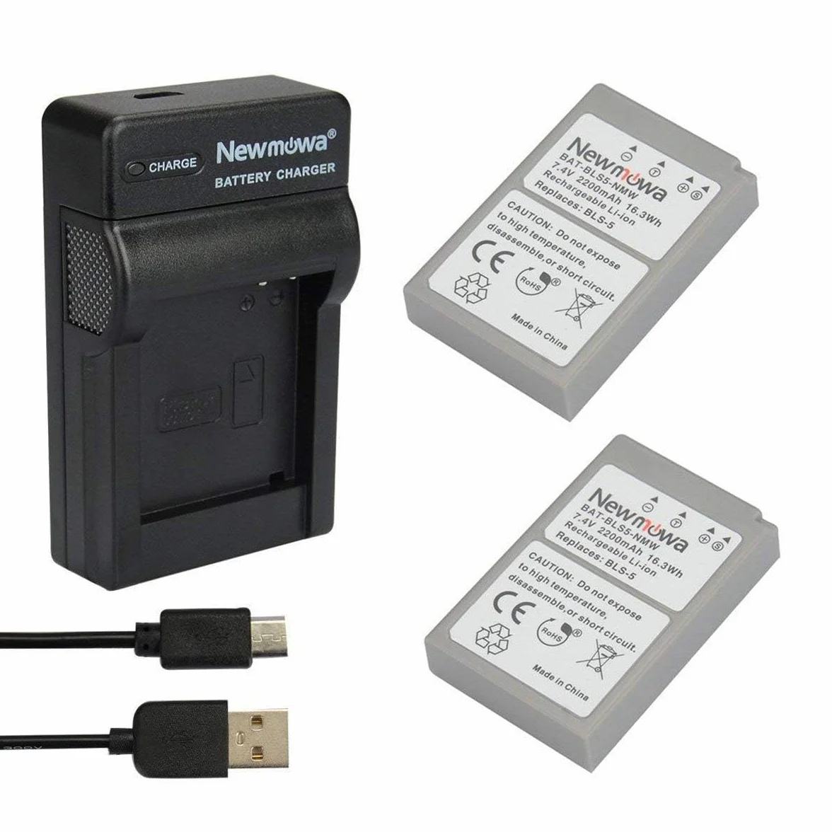 Newmowa BLS-5 zestaw zapasowych baterii (2 szt) i przenośnej ładowarki USB do Olympus BLS-5, BLS-50, PS-BLS5 i Olympus OM-D E-M10, PEN E-PL10, E-PL9, E-PL8, E-PL7, E-PL5, E‑PM2, Stylus 1