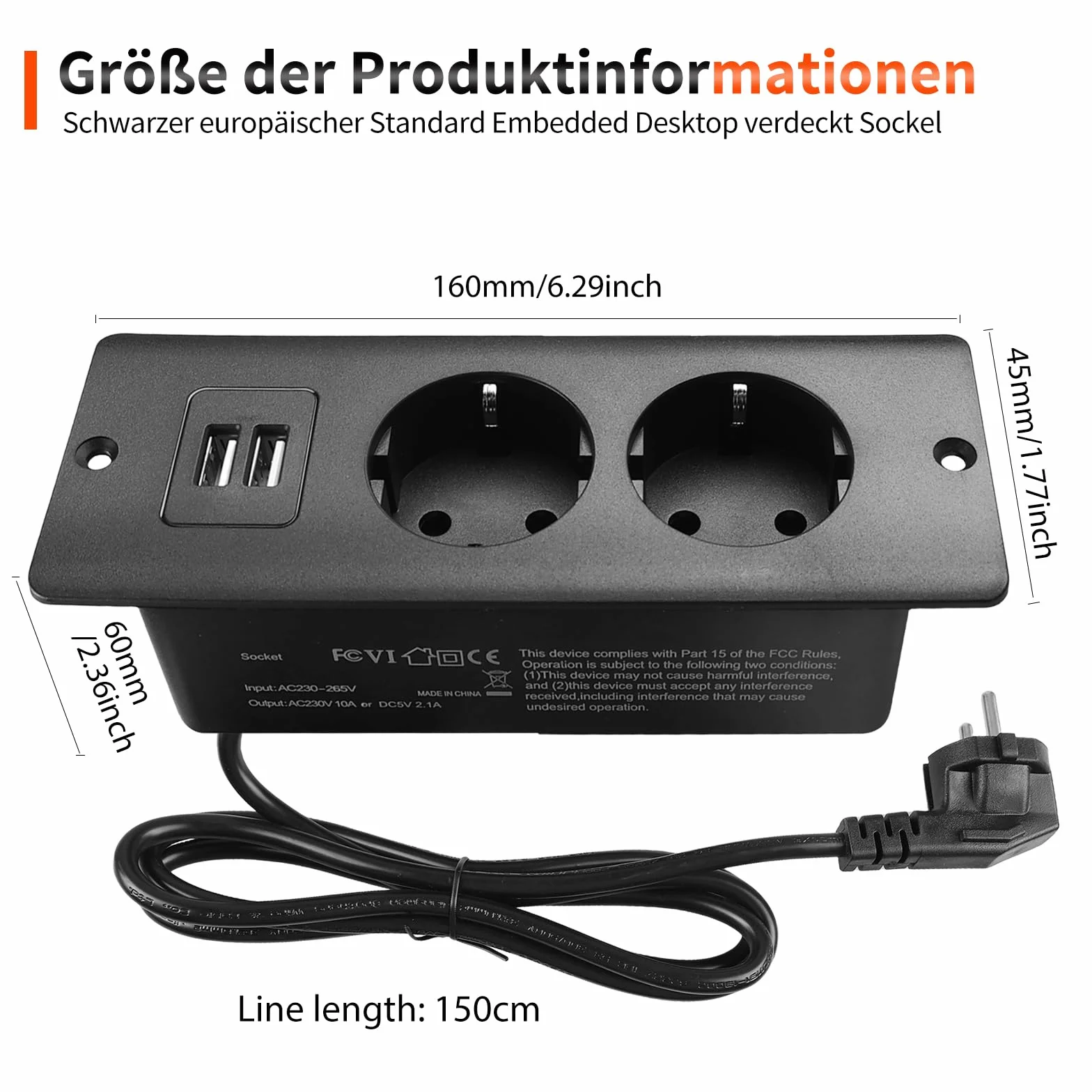 Wysuwane gniazdko elektryczne z 2 USB, listwa zasilająca do zabudowy, 2-drożna listwa zasilająca z kablem 1,6 m, blat stołu, wpuszczane gniazdko do zabudowy, gniazdko stołowe, do mebli lub powierzchni