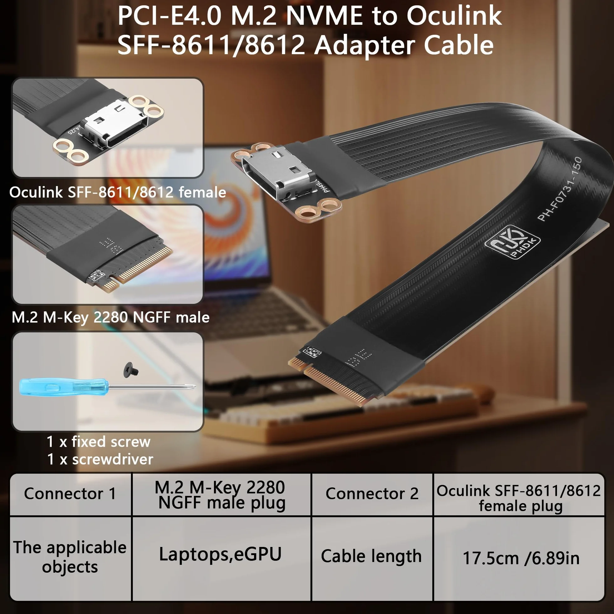 GINTOOYUN PCI-E4.0 M.2 NVME do Oculink SFF-8611/8612 kabel adaptera M.2 M-Key 2280 NGFF do Oculink SFF-8611 SFF-8612 żeński kabel hosta do laptopów, eGPU itp. (6,89 cala)