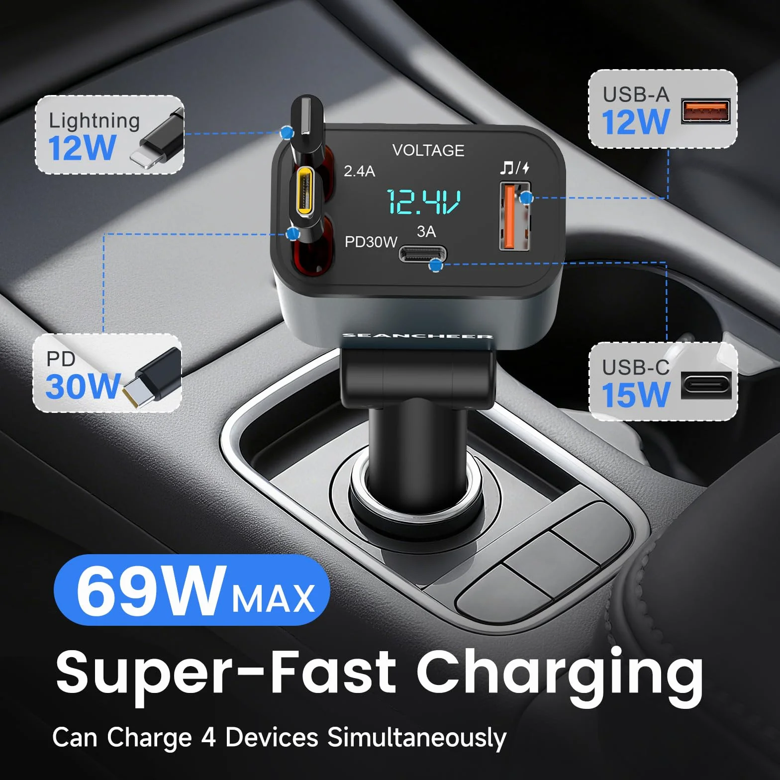 SEANCHEER Adapter Bluetooth do samochodu i zapalniczki samochodowej USB C, 69 W, ładowarka samochodowa z 2 zwijanymi kablami, transmiter FM
