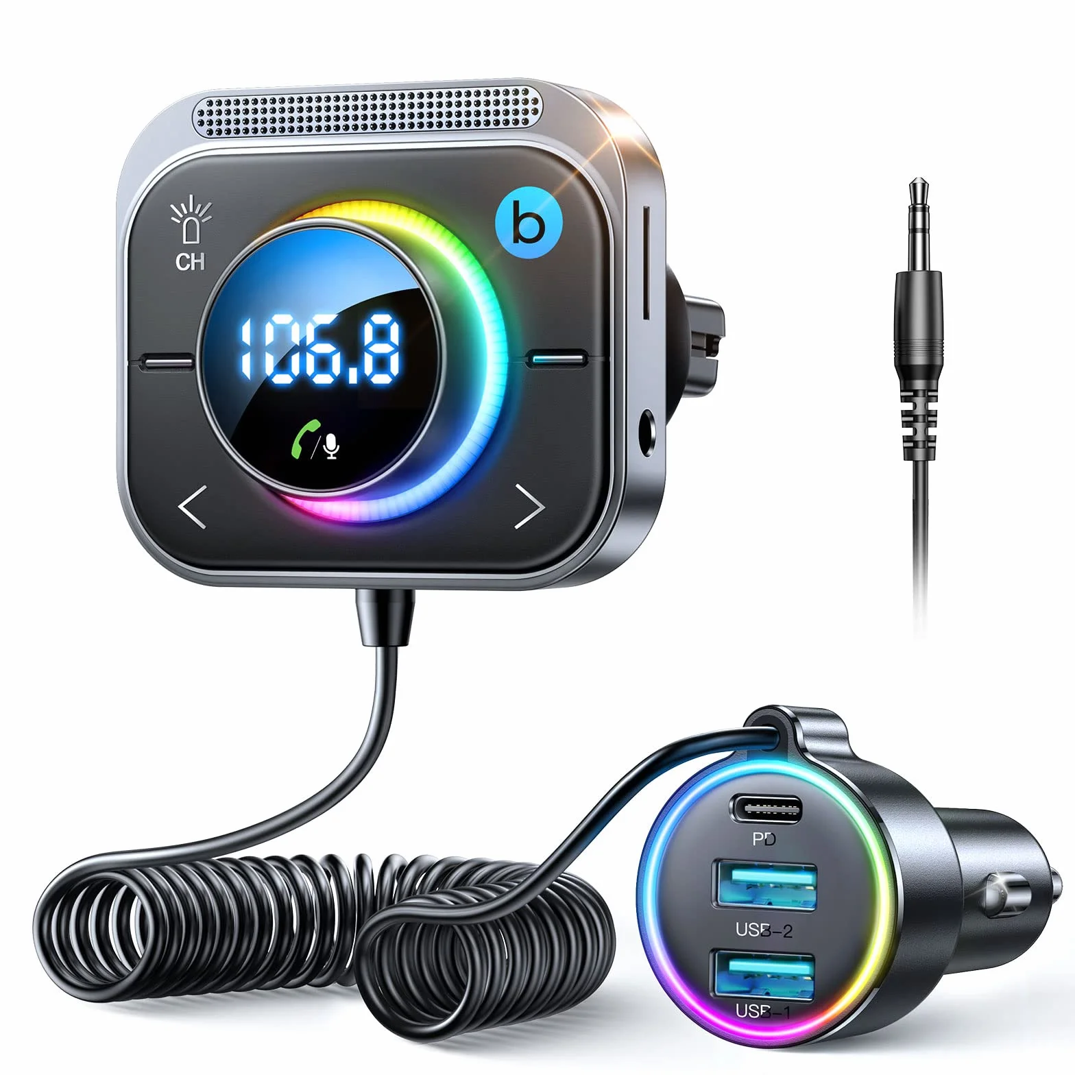 JOYROOM 96 W Bluetooth 5.4 adapter samochodowy (60 W PD i 2 x 18 W QC 3.0) transmiter muzyki FM Auto Bluetooth 【Bass Boosted & Hi-Fi】Zestaw głośnomówiący, ładowarka samochodowa, obsługa gniazda