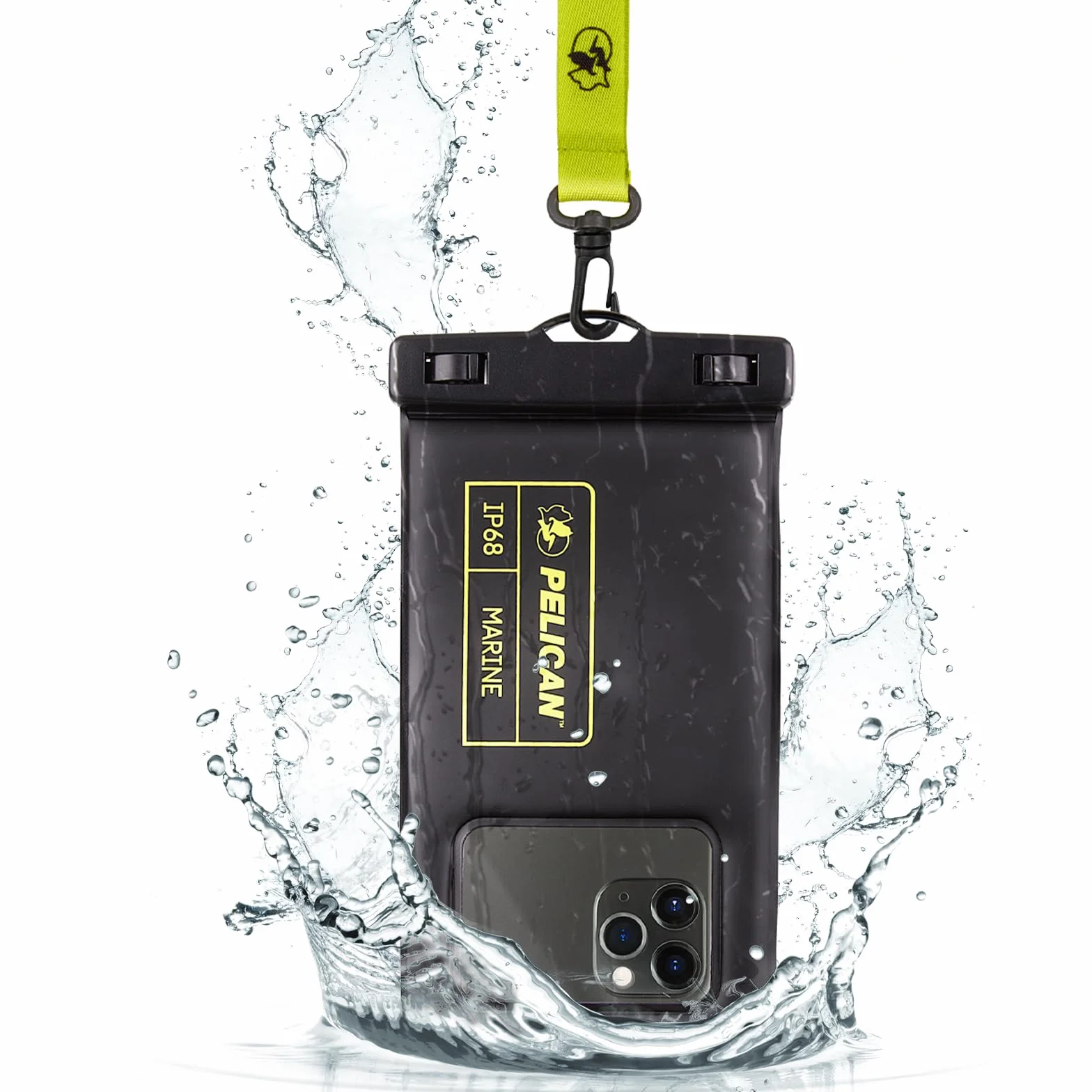 Pelican Marine - Wodoodporne etui na telefon IP68 (rozmiar regularny) - pływające wodoodporne etui na telefon iPhone 14 Pro Max/ 13 Pro Max/ 12 Pro Max/ 11/ S22 Ultra - Odpinana smycz - czarny/żółty