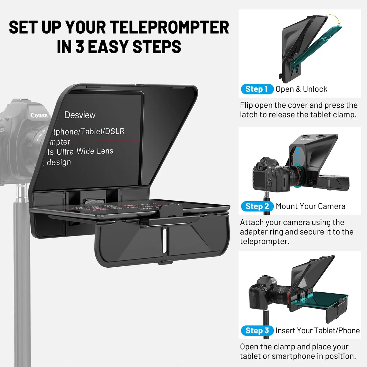 Desview T5 Teleprompter do smartfonów, tabletów, kamer DSLR z pilotem zdalnego sterowania Bluetooth i aplikacją, do 11 cali, kompatybilny z iPhone, Android, kamerą, transmisją na żywo, nagrywaniem