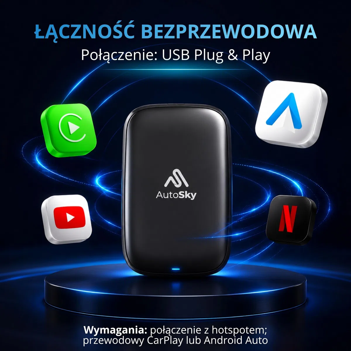 AutoSky Bezprzewodowe CarPlay i Android Auto AI Box Lite do fabrycznych przewodowych samochodów CarPlay - obsługuje Netflix YouTube i Gmail - Go Wireless ze wszystkimi funkcjami Wired CarPlay i