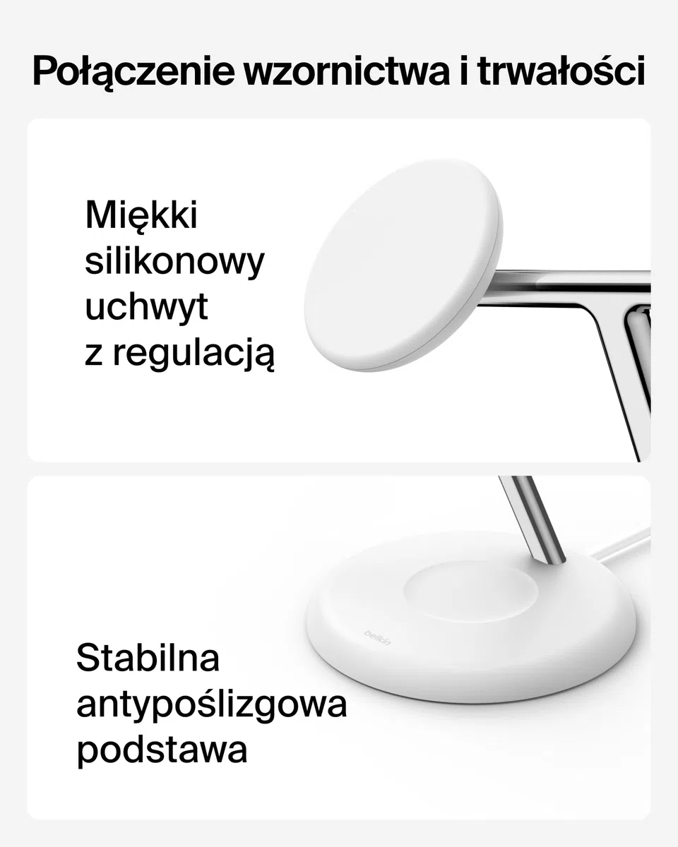Belkin UltraCharge Bezprzewodowa Stacja Ładująca 3 w 1 z Qi2, 25 W – Biała | Zgodna z MagSafe Ładowarka do Urządzeń iPhone, Apple Watch i Słuchawek, Certyfikat Qi2.2, z Kablem USB-C i Zasilaczem 45 W