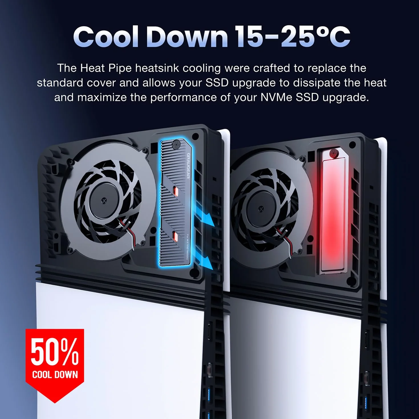 GRAUGEAR PS5 Pro PS5 Slim M.2 SSD Radiator z Rurą Cieplną Miedzianą Aluminiowe Żebra Chłodzenie NVMe