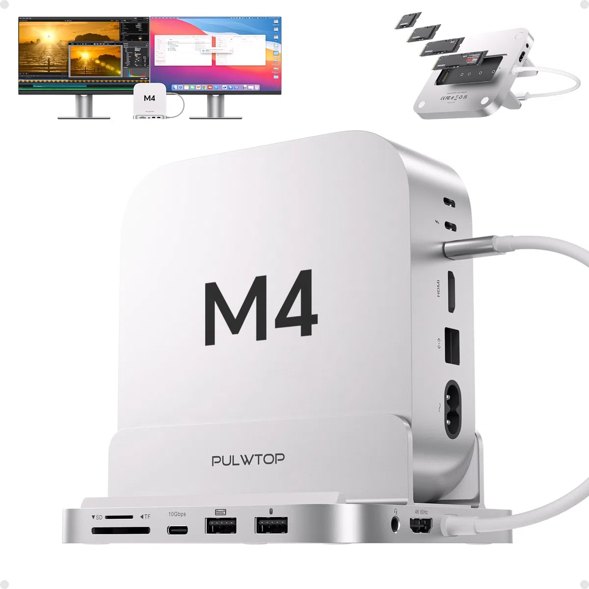 Stacja dokująca Mac mini M4 z obudową 4 TB M.2 SSD i HDMI 4K, aluminiowy pionowy hub USB-C do Mac mini M4 Pro, stojak USB-A/C 10 Gb/s, 2 x USB-A 2.0, 3,5 mm Audio, SD/TF (SSD nie jest