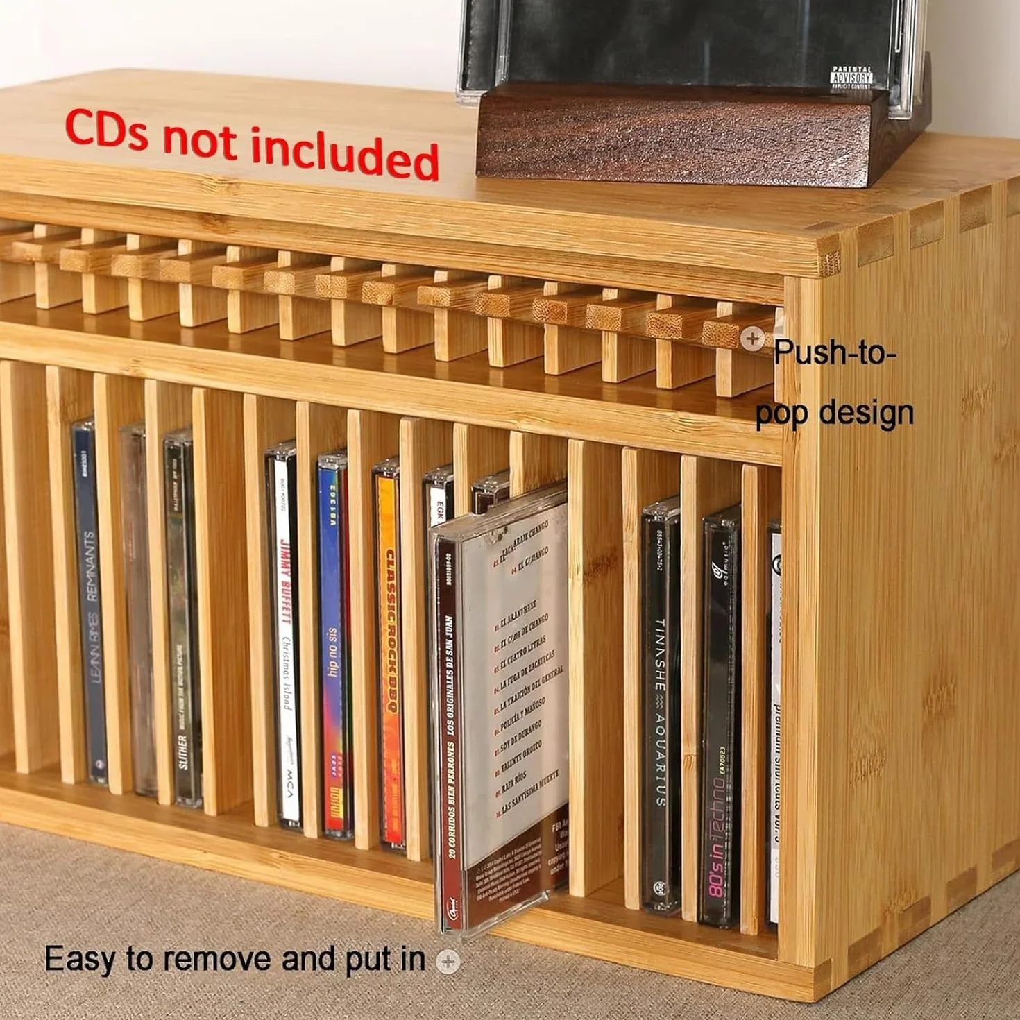 Stojak na biurko na płyty CD, drewniany stojak na DVD z przyciskiem wyskakującym, stojak na CD, organizer na półki w stylu retro na płyty CD, pojemność przechowywania 19 płyt CD, do domu(Cherry Wood)