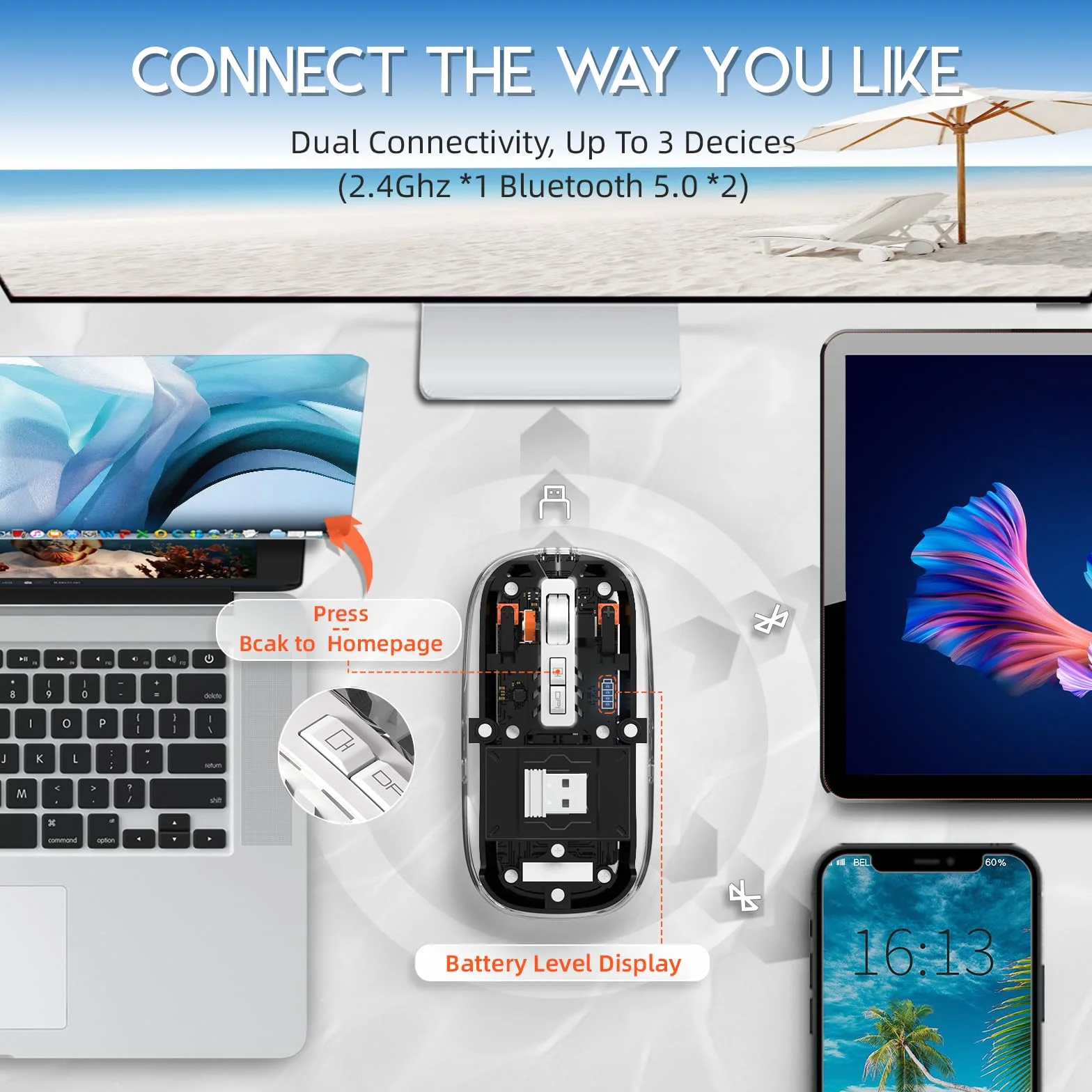 MAGIC-REFINER Bezprzewodowa mysz Akumulator, 2.4Ghz i Bluetooth 5.0 Cicha Bezprzewodowa Mysz Optyczna Ultra Slim 2400 DPI, Mysz Gaming Przezroczysty, Widoczna Bateria, na Laptop/PC/Mac, Czarny