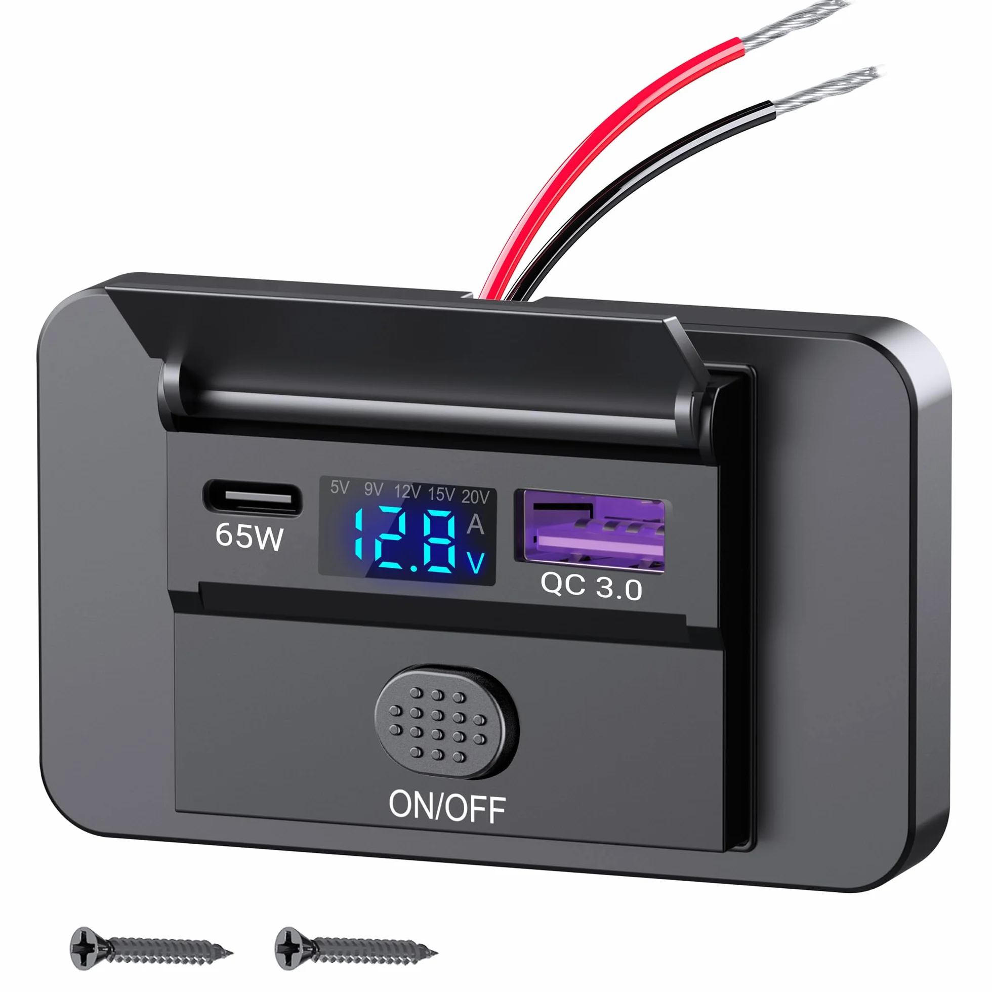gniazdo samochodowe USB C PD 83W 65W QC3.0 podwójna ładowarka 12V/24V z przełącznikiem i wyświetlaczem