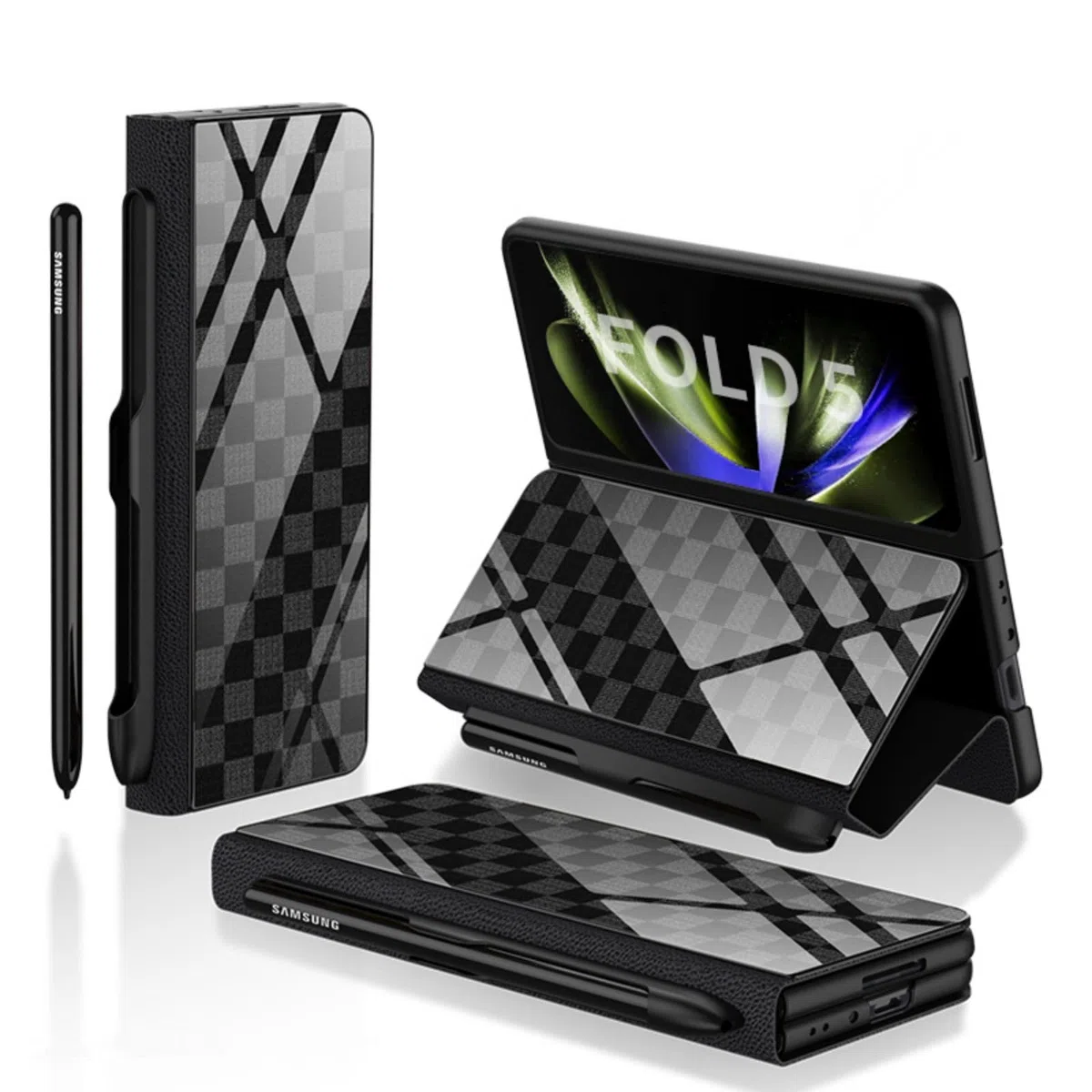 Custodia Etui do Z Fold5 etui z klapką + otwór na długopis, stojak, skóra folio, szklany blat, osłona przednia, etui na telefon komórkowy z klapką do Samsung Galaxy Z Fold5 (17)