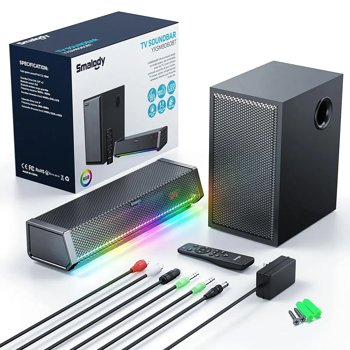 Smalody Głośniki telewizyjne, głośnik kina domowego bezprzewodowy dźwięk soundbar głośnik TV + subwoofer basowy, włączony przez Bluetooth/optyczne/AUX/wejścia koncentryczne/pilot zdalnego sterowania