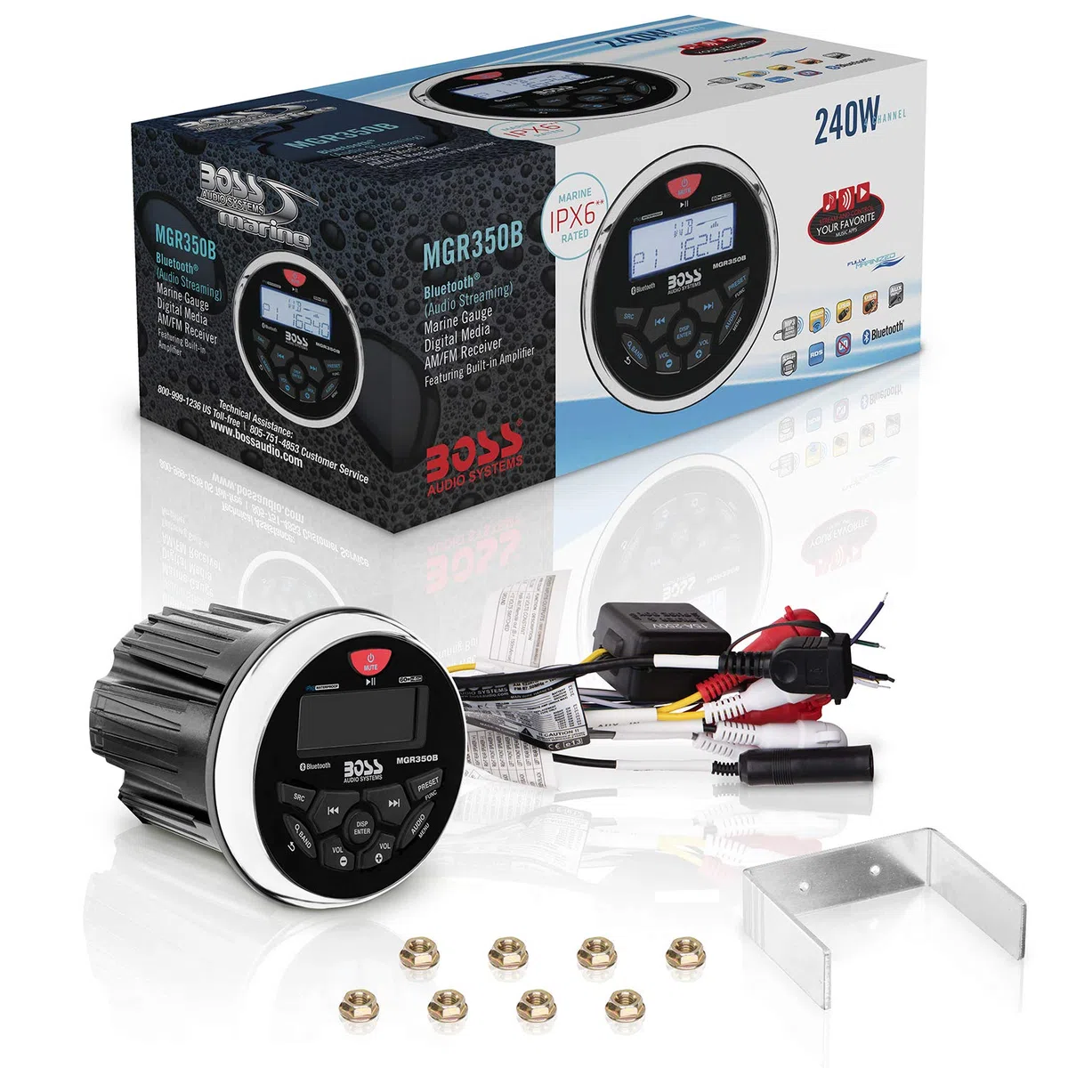 BOSS Audio Systems MGR350B Odbiornik stereofoniczny do łodzi morskiej – głowica Bluetooth, bez odtwarzacza CD DVD, wbudowany wzmacniacz 4-kanałowy, odporny na warunki atmosferyczne, USB, ładowanie USB